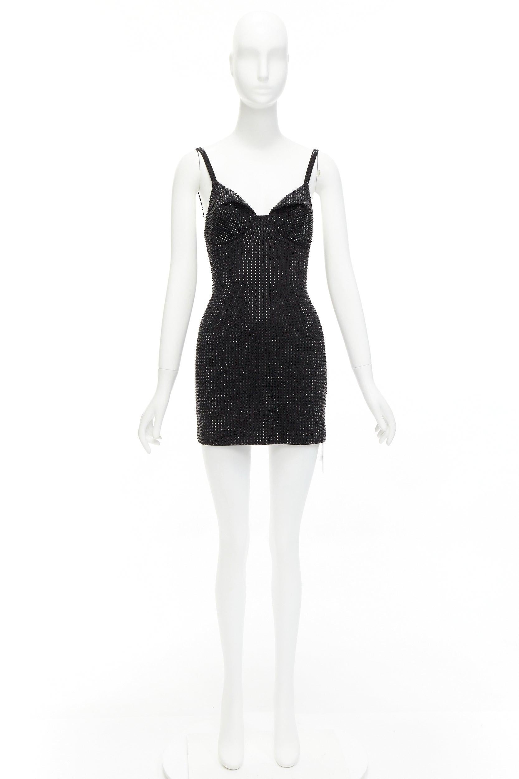 AREA black crystal embellished conical bra spaghetti bodycon mini dress US2 S 5