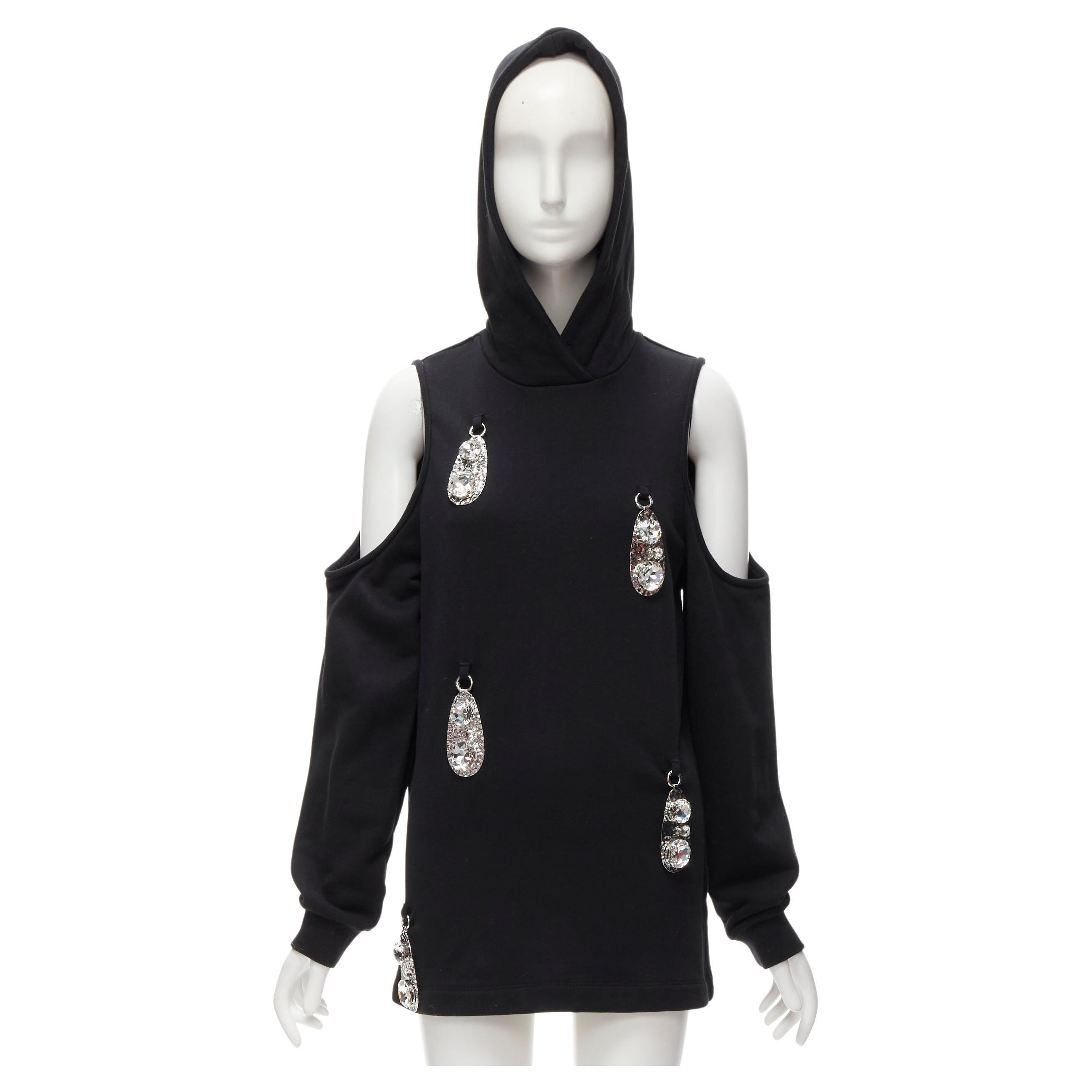 AREA crystal hammered pendant black cold shoulder hoodie XS For Sale