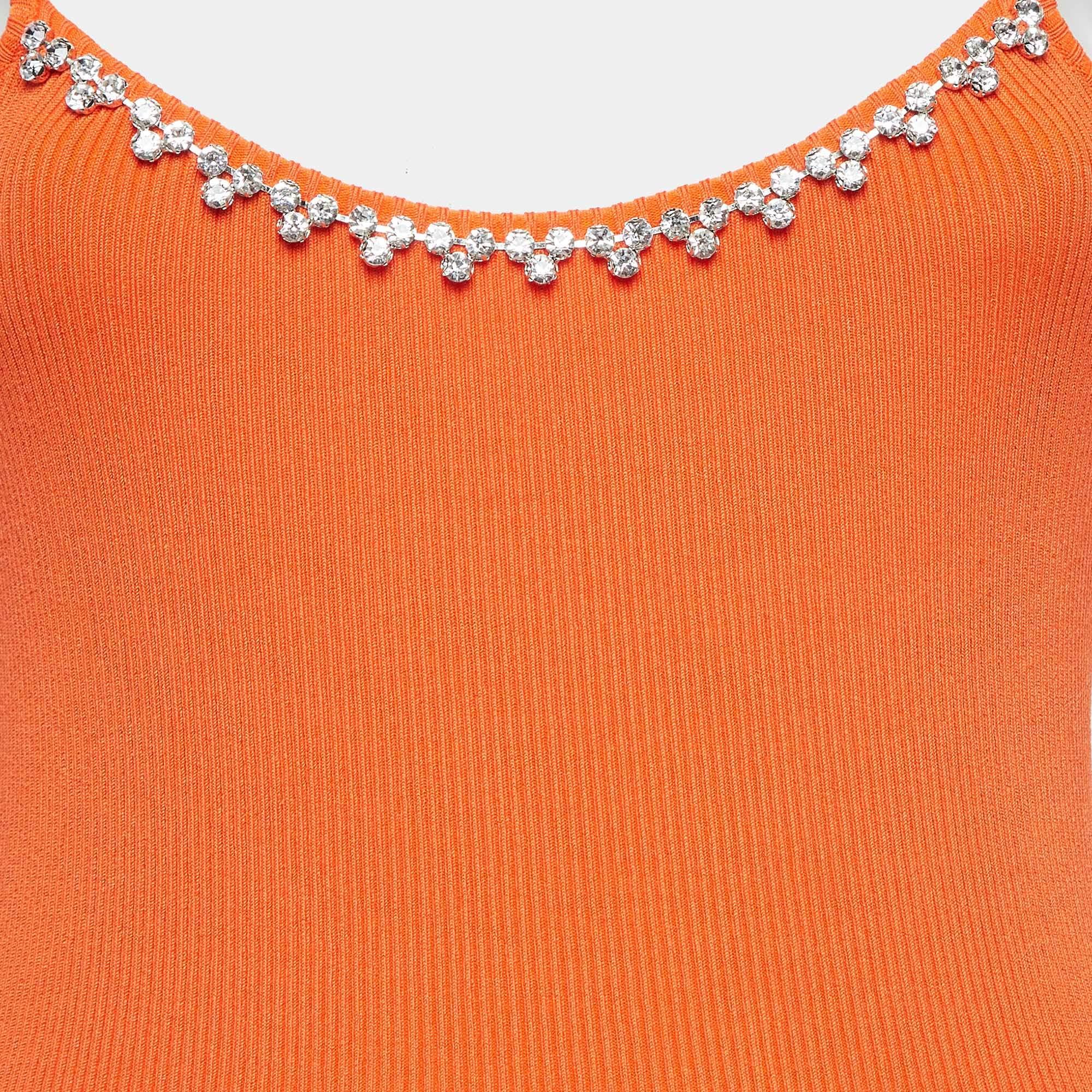 Rouge Robe midi orange en maille côtelée ornée de cristaux, taille M en vente