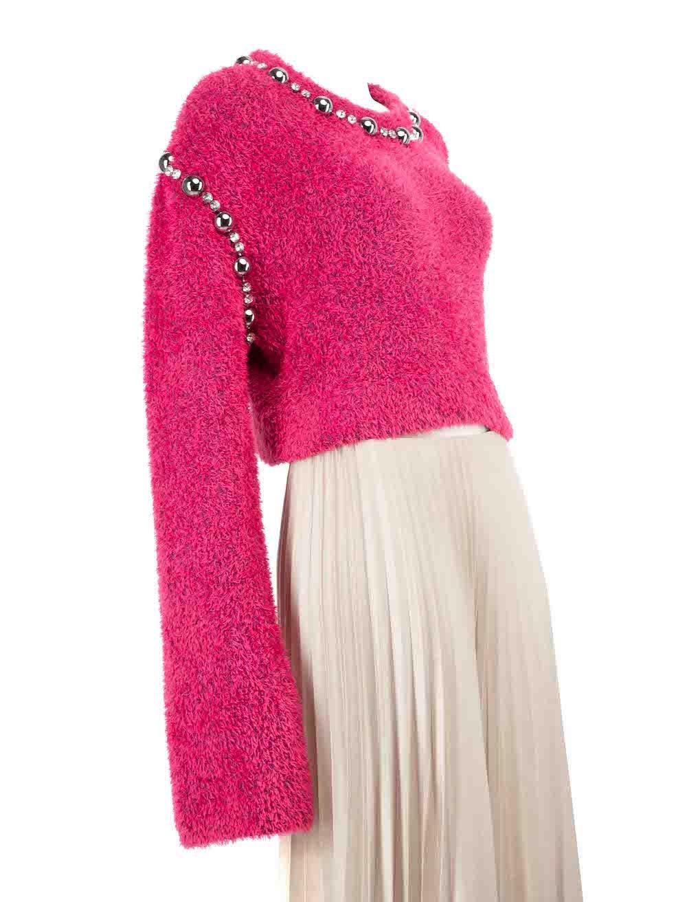 CONDITION is Very good. Hardly any visible wear to the jumper is evident on this used Area designer resale item.
 
 
 
 Details
 
 
 Pink
 
 Cotton
 
 Knit jumper
 
 Long sleeves
 
 Round neck
 
 Crystal and mirror embellished detail
 
 Cropped fit
