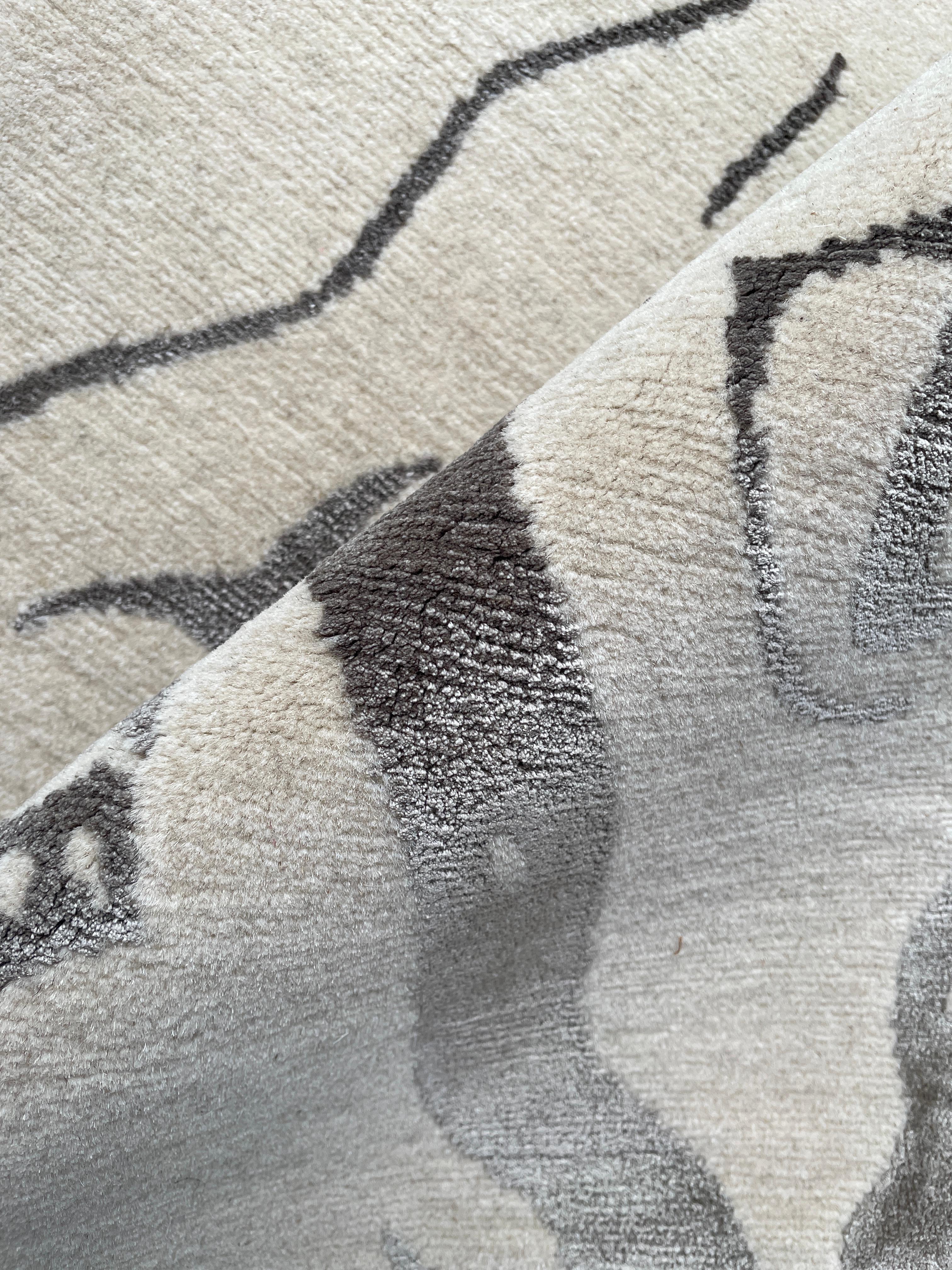 Modern Area Rug Abstract Contemporary Ivory, Handmade of Silk, Wool 