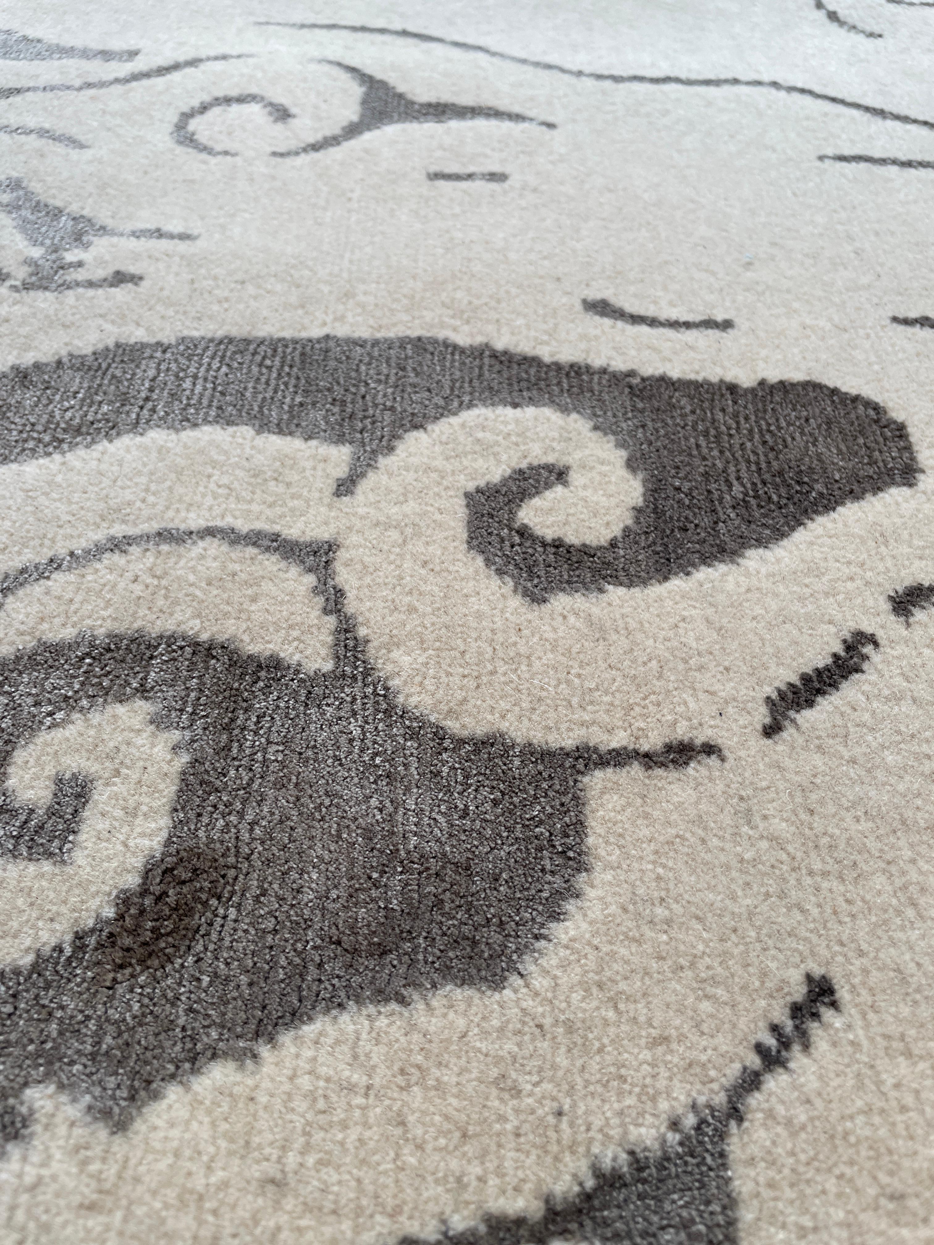 Indian Area Rug Abstract Contemporary Ivory, Handmade of Silk, Wool 