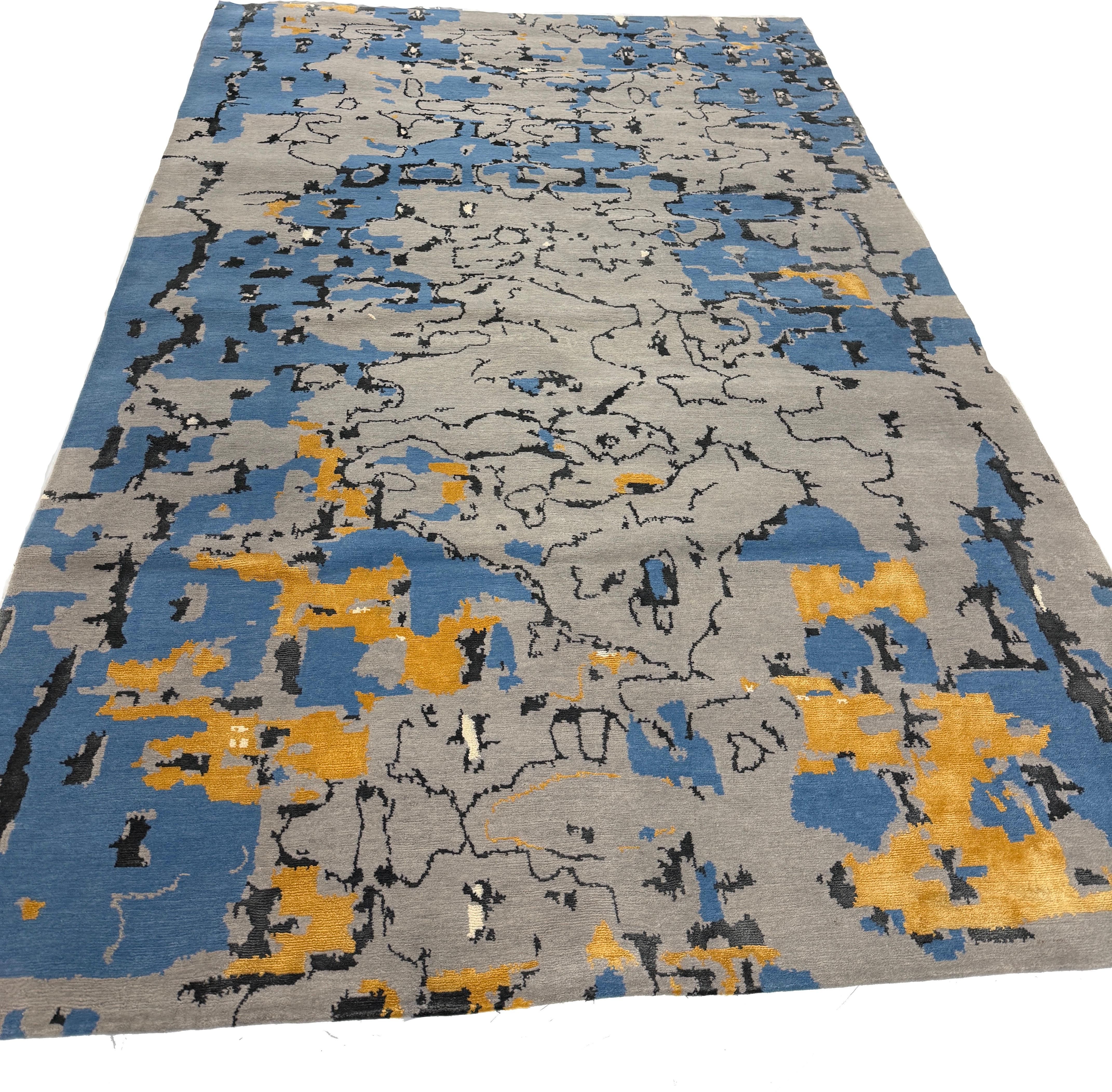 Nepalese Area Rug in Blue Orange Modern Contemporary, Handmade of Silk and Wool 