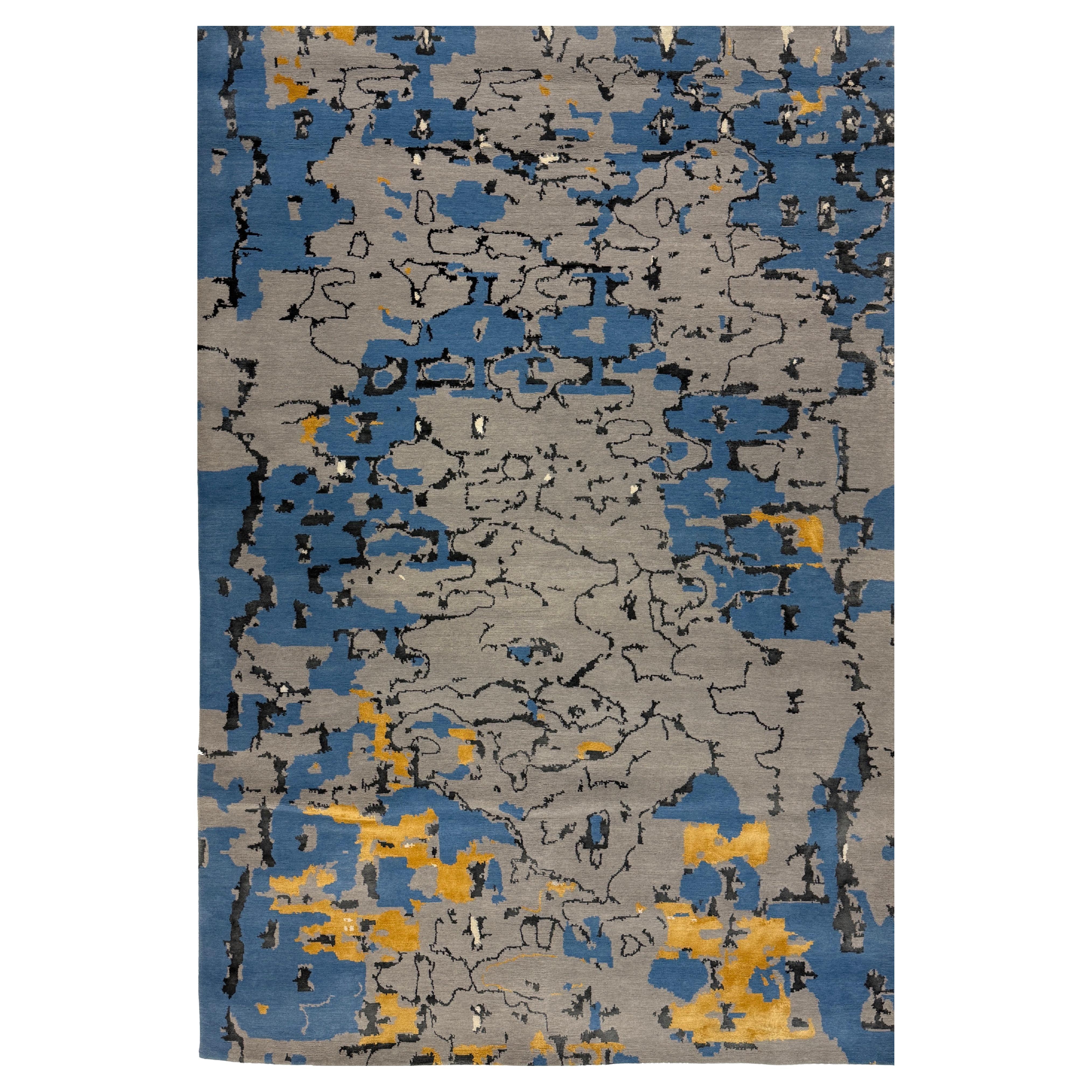 Tapis de zone en bleu orange moderne contemporain:: fait à la main de soie et de laine "Nomad"