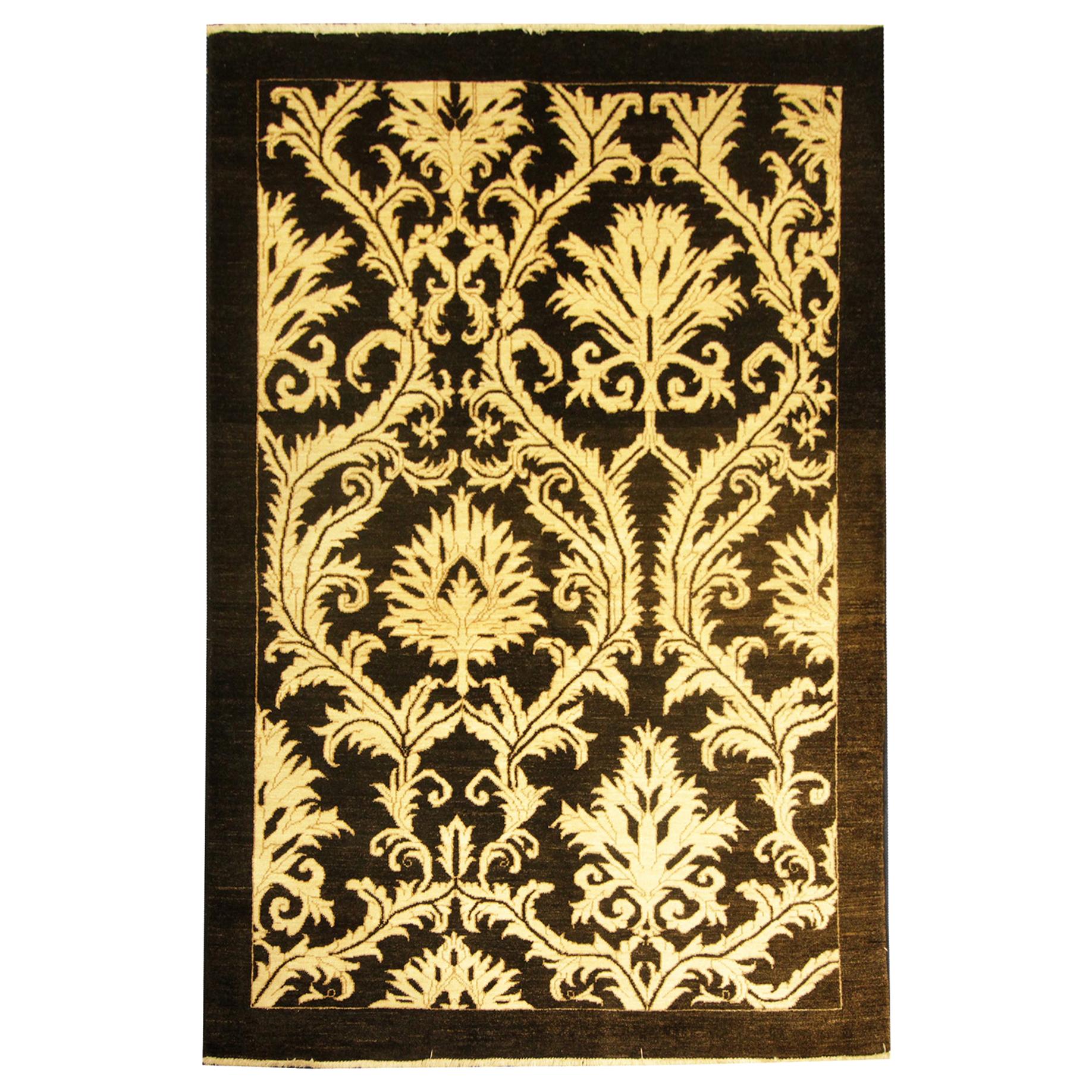 Area Rug, Turkish Oriental Carpet Damask Gold and Black Rug For Sale