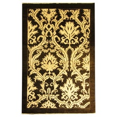 Retro Area Rug, Turkish Oriental Carpet Damask Gold and Black Rug