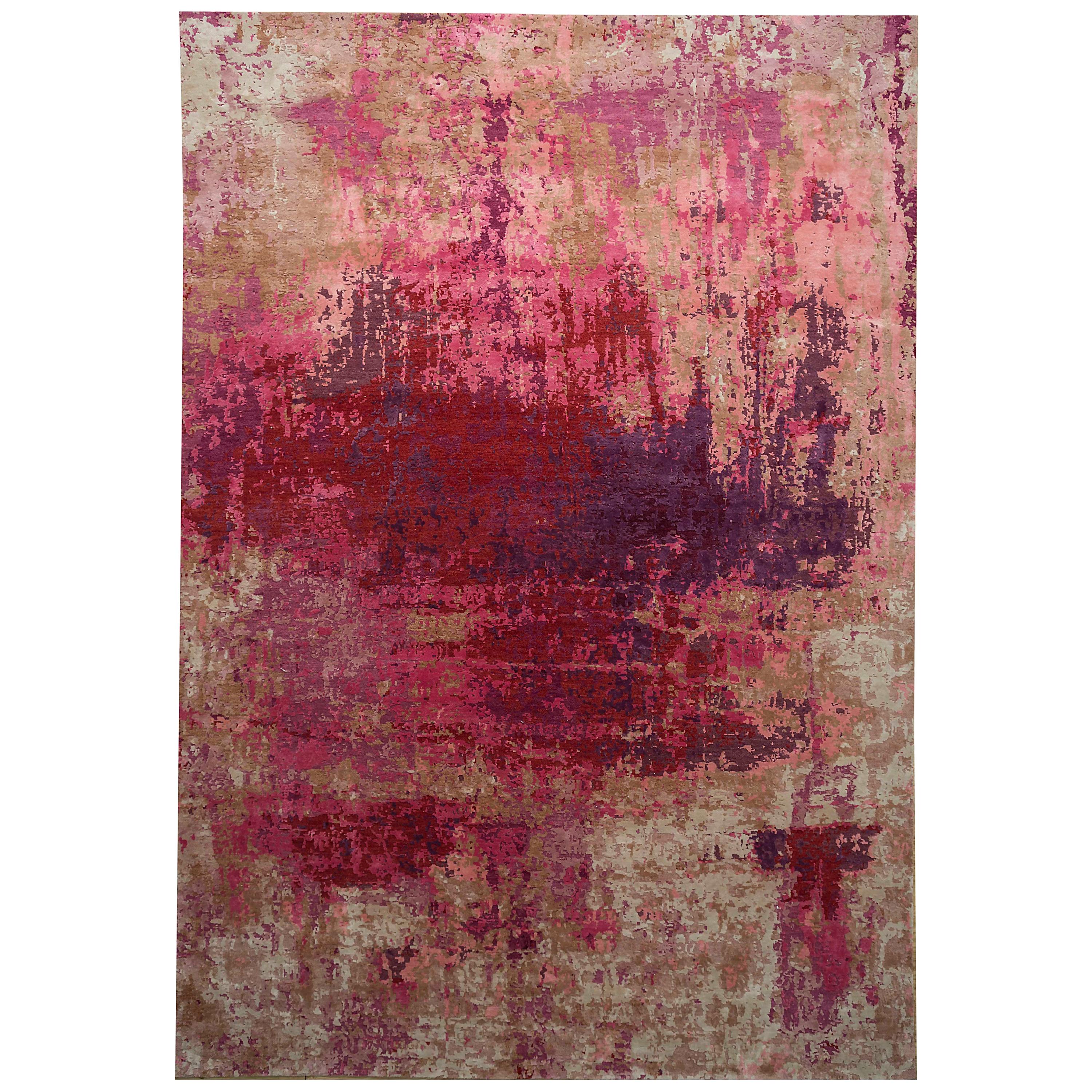 Area Rug with Modern Watercolor Art Design Made of Fine Wool and Real Silk For Sale