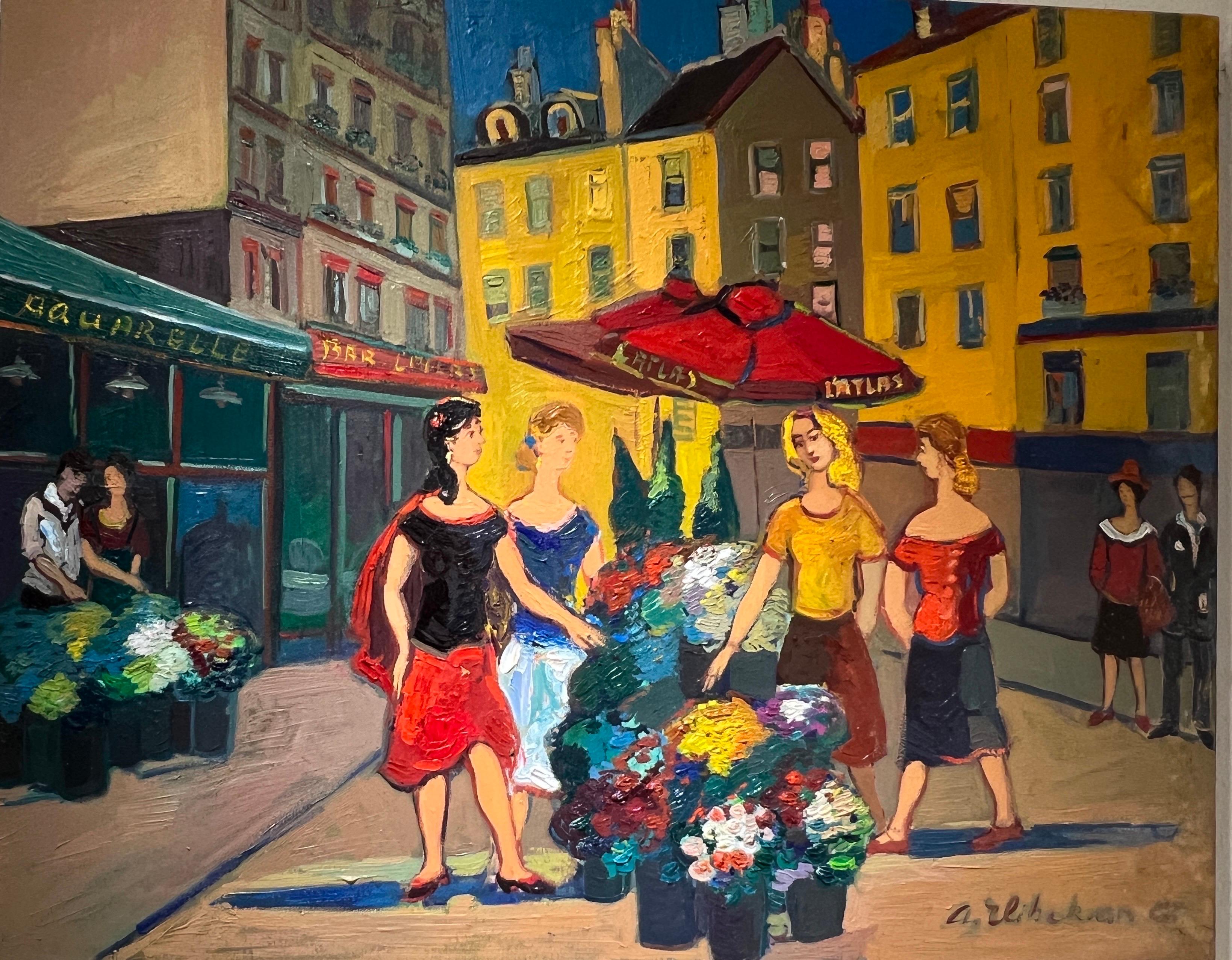 Still-Life Painting Areg Elibekian - Art contemporain, marché aux fleurs à Saint-Germain-des-Prés, Paris. 