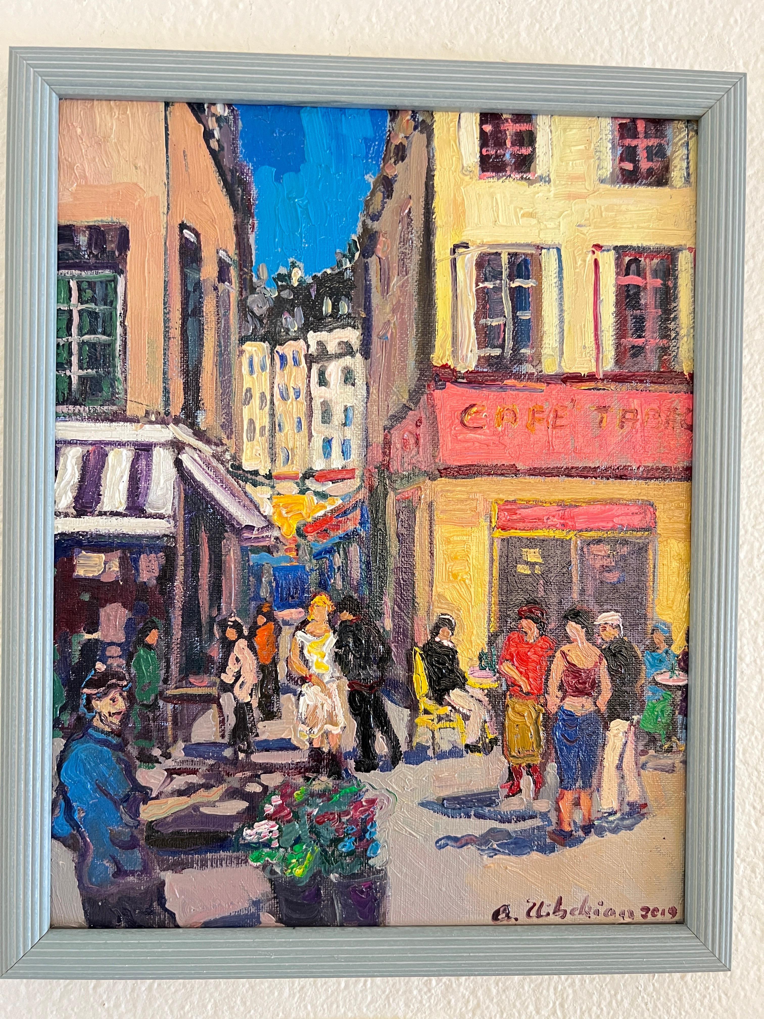 Contemporary Café in Paris, Marche de La rue Mouffetard. - Painting by Areg Elibekian
