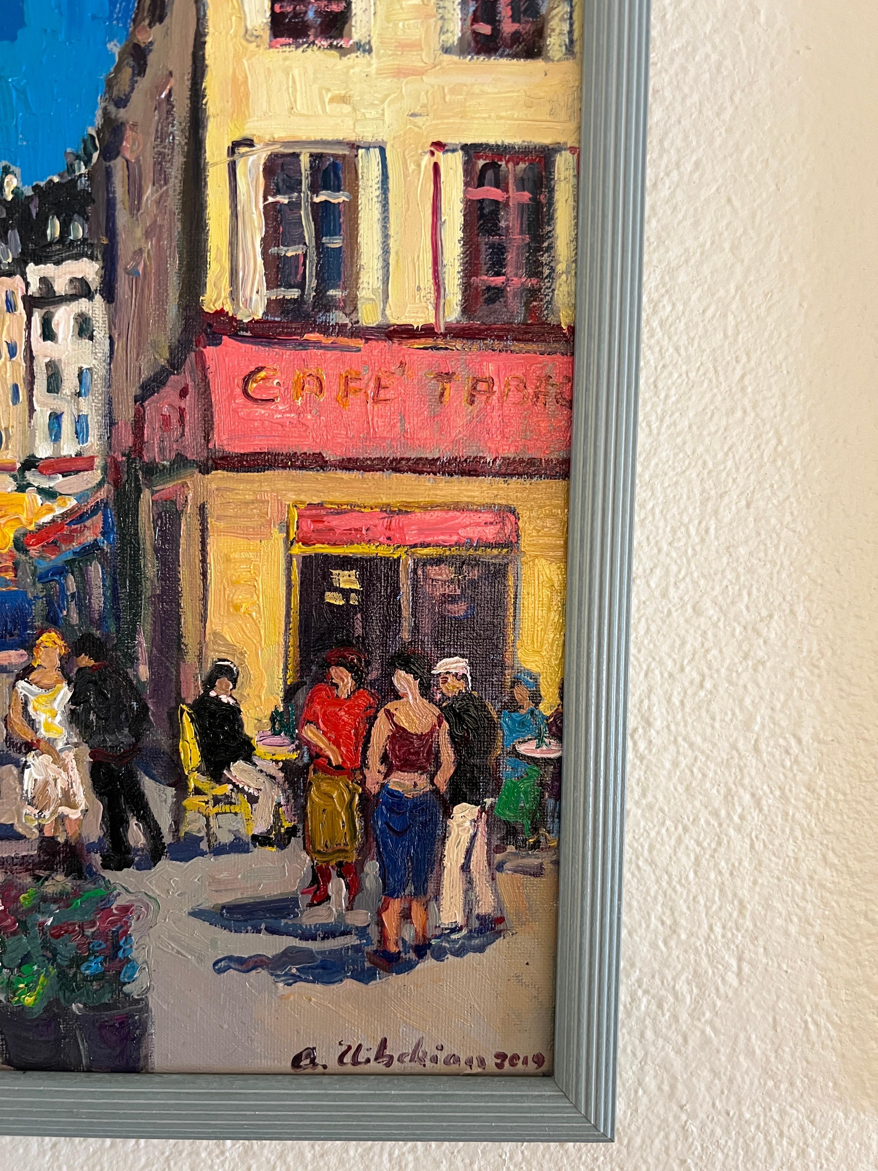 Contemporary Café in Paris, Marche de La rue Mouffetard. (Impressionismus), Painting, von Areg Elibekian