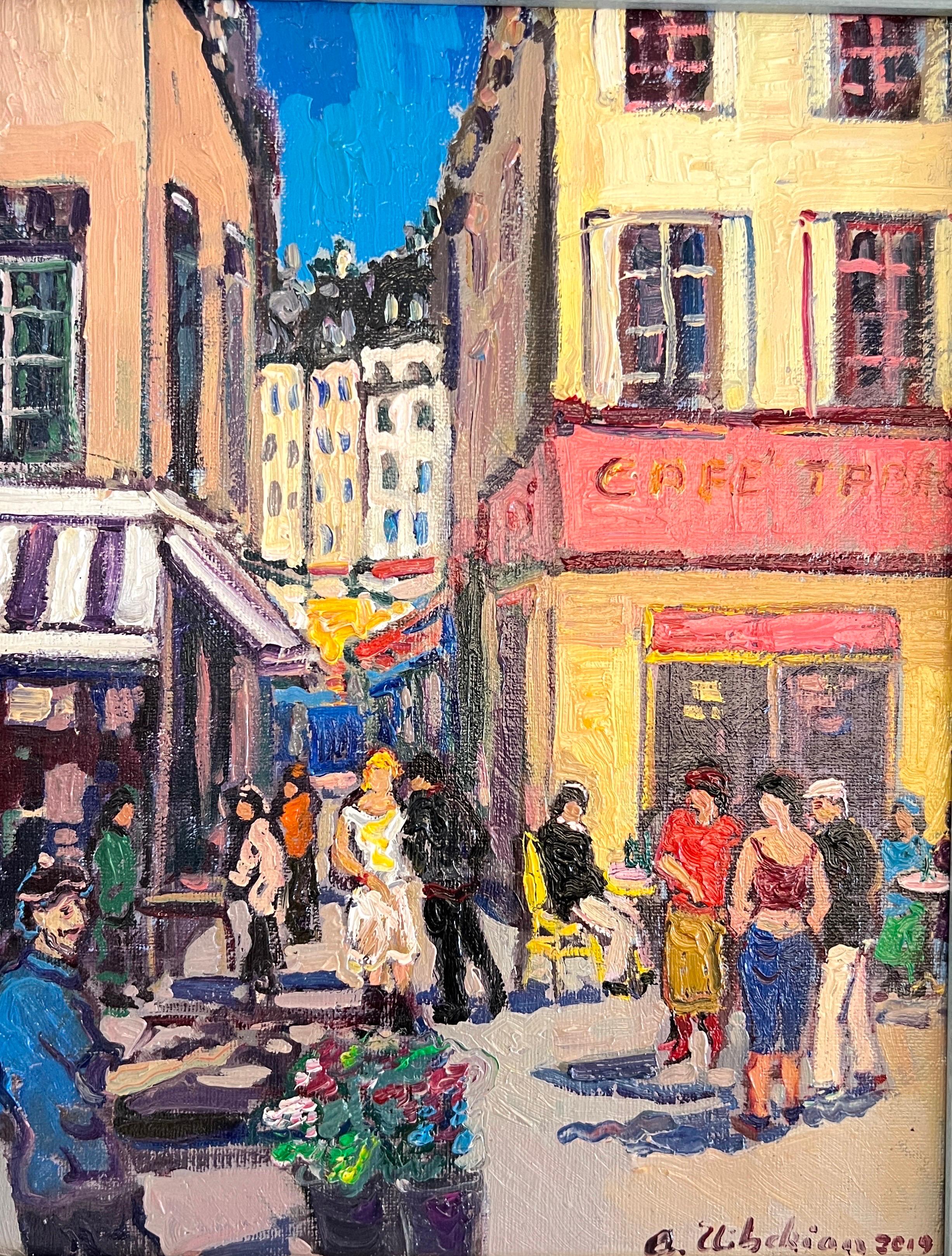 Areg Elibekian Figurative Painting – Contemporary Café in Paris, Marche de La rue Mouffetard.