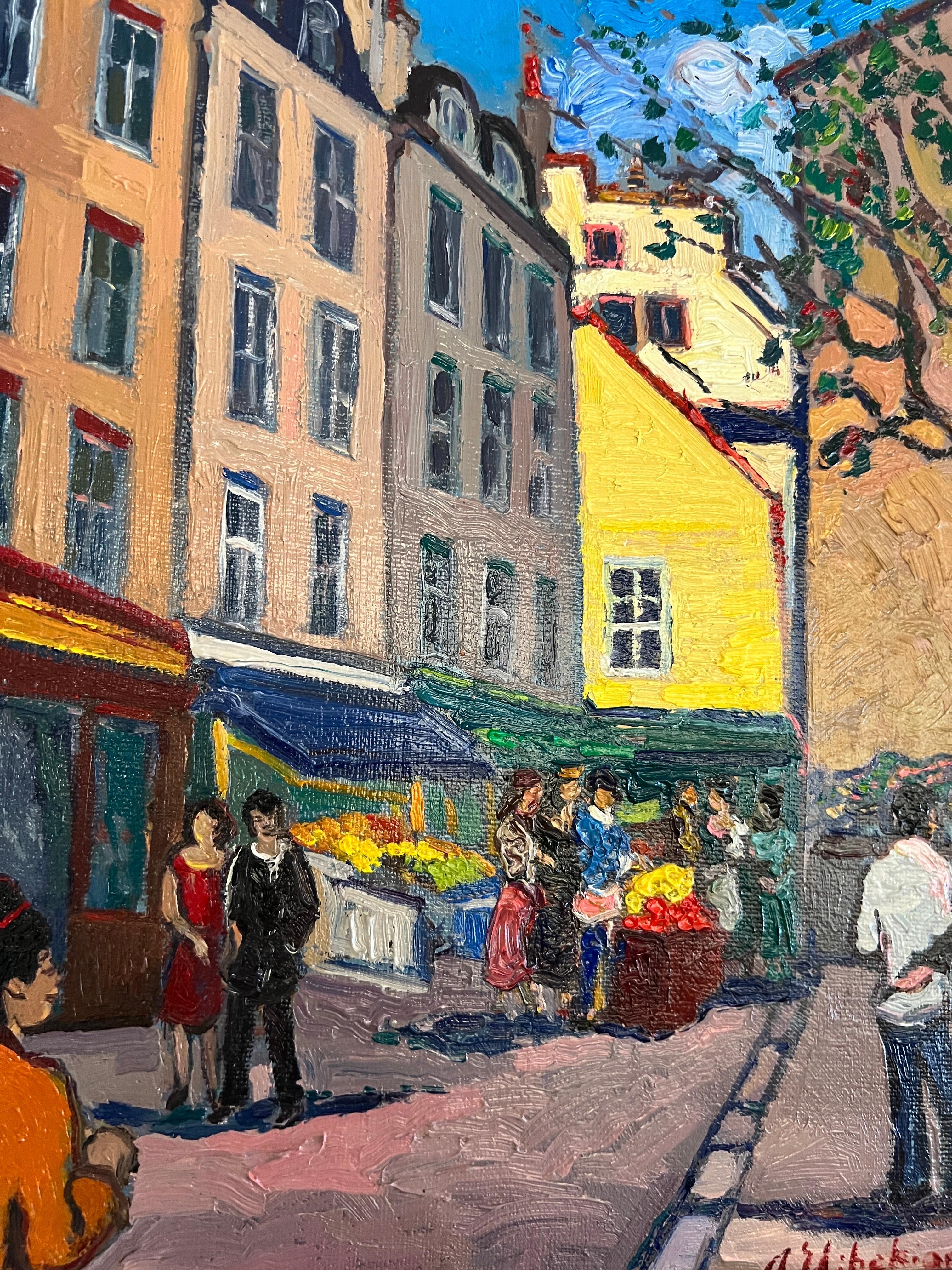 Regard contemporain sur Paris, Scène du Marche, Paris.  - Painting de Areg Elibekian
