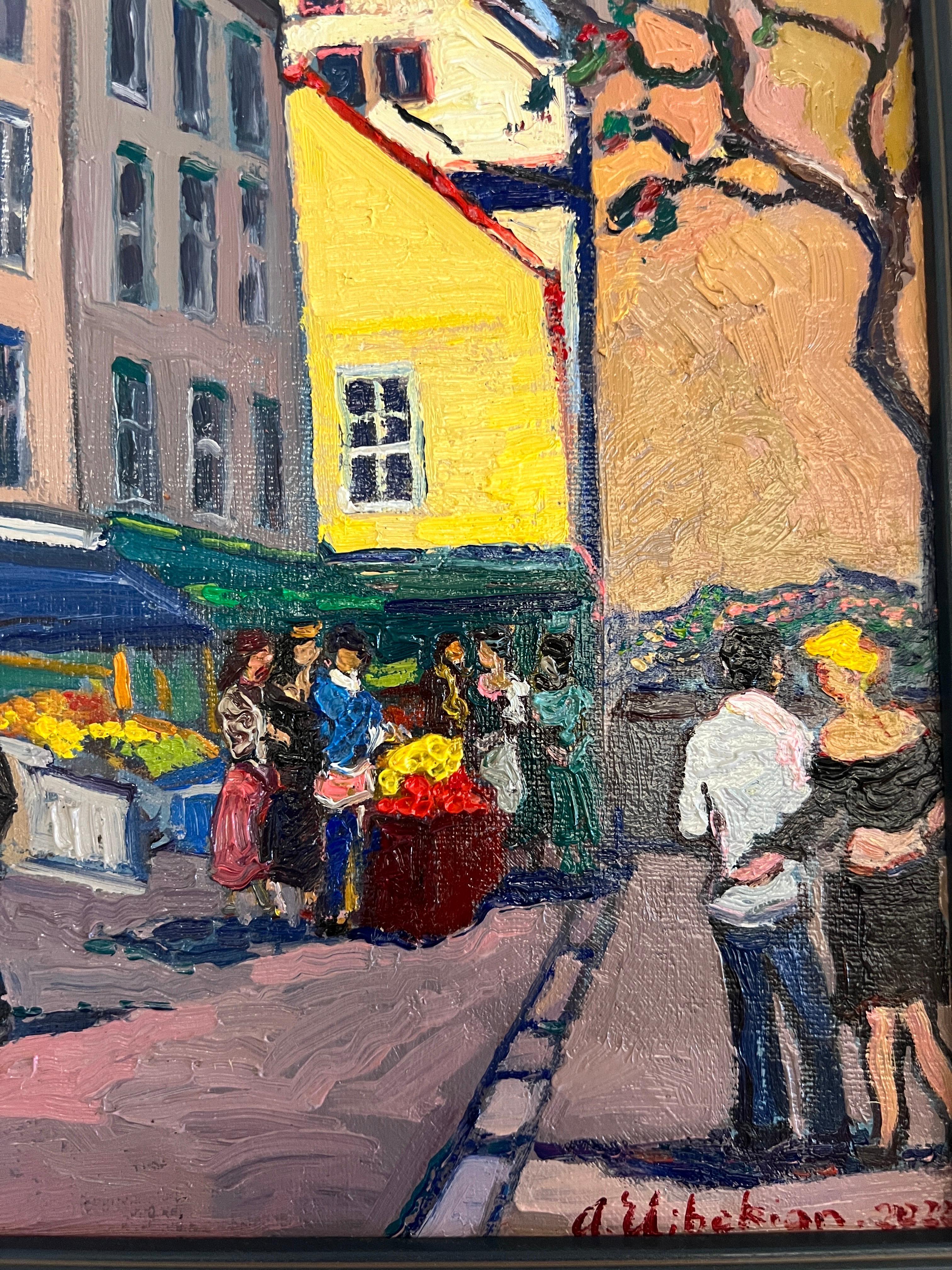 Regard contemporain sur Paris, Scène du Marche, Paris.  - Impressionnisme Painting par Areg Elibekian