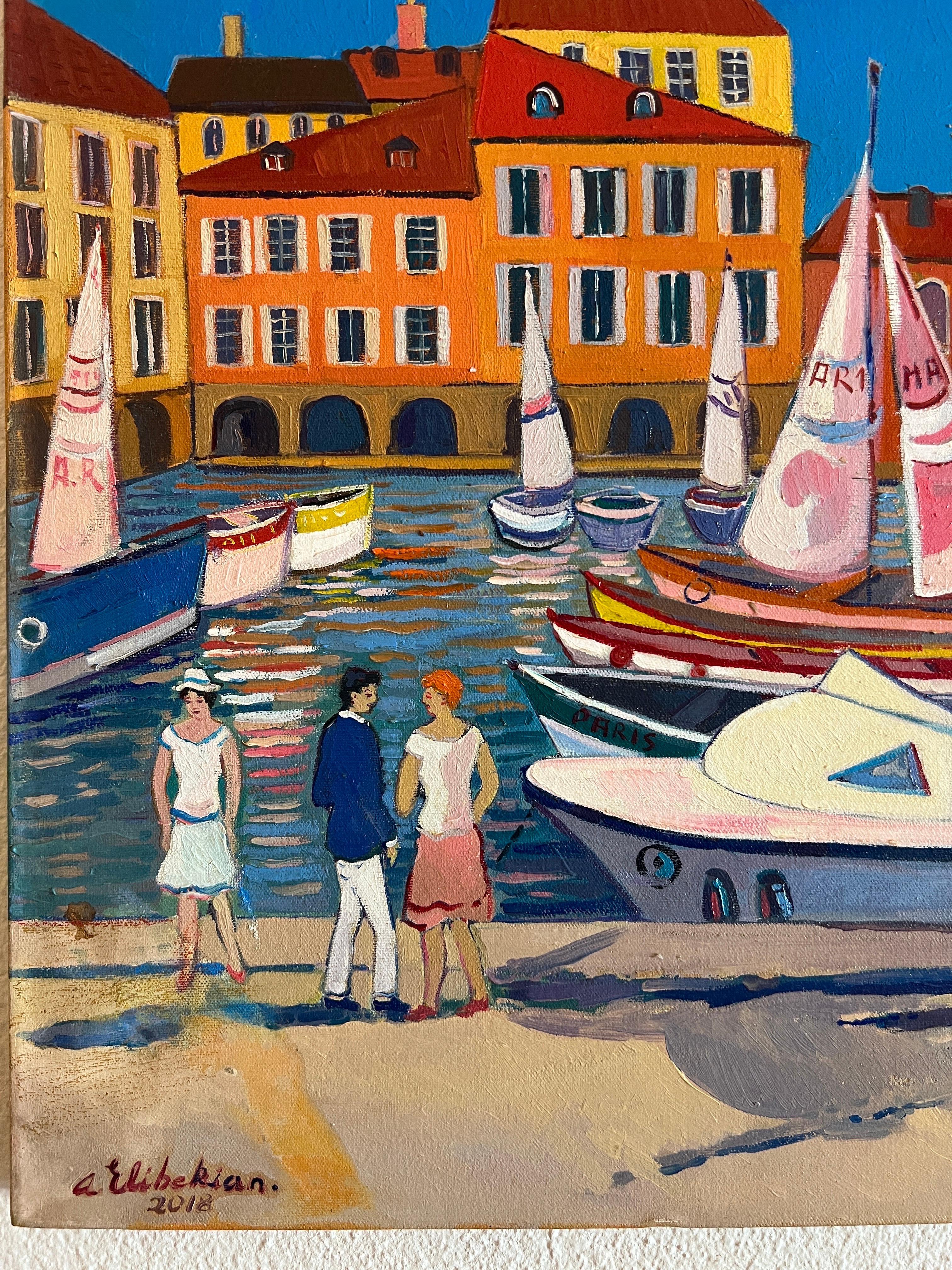 Óleo contemporáneo Puerto de Marsella, arte de Marsella. - Painting de Areg Elibekian