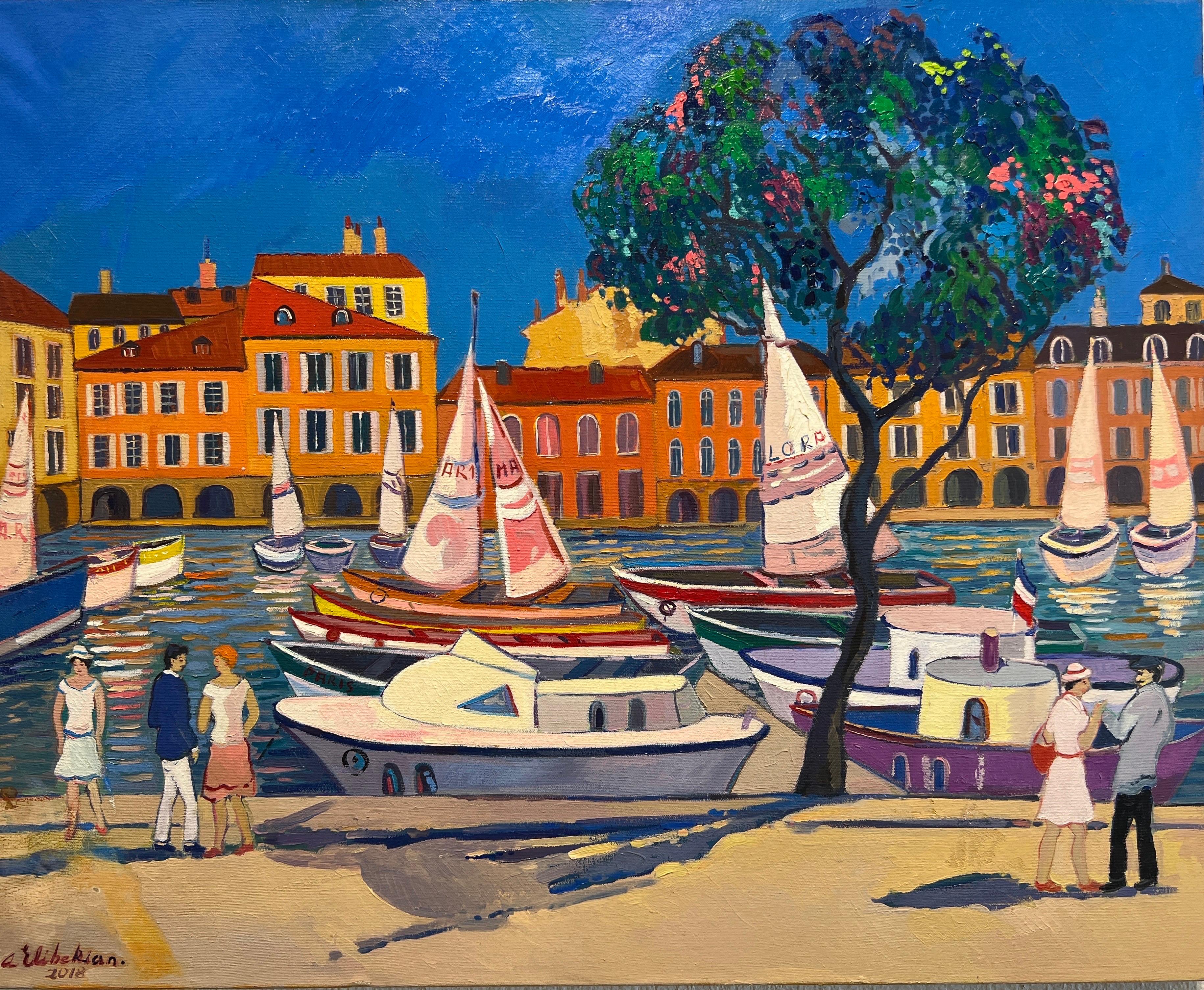 Óleo contemporáneo Puerto de Marsella, arte de Marsella. - Painting Moderno de Areg Elibekian