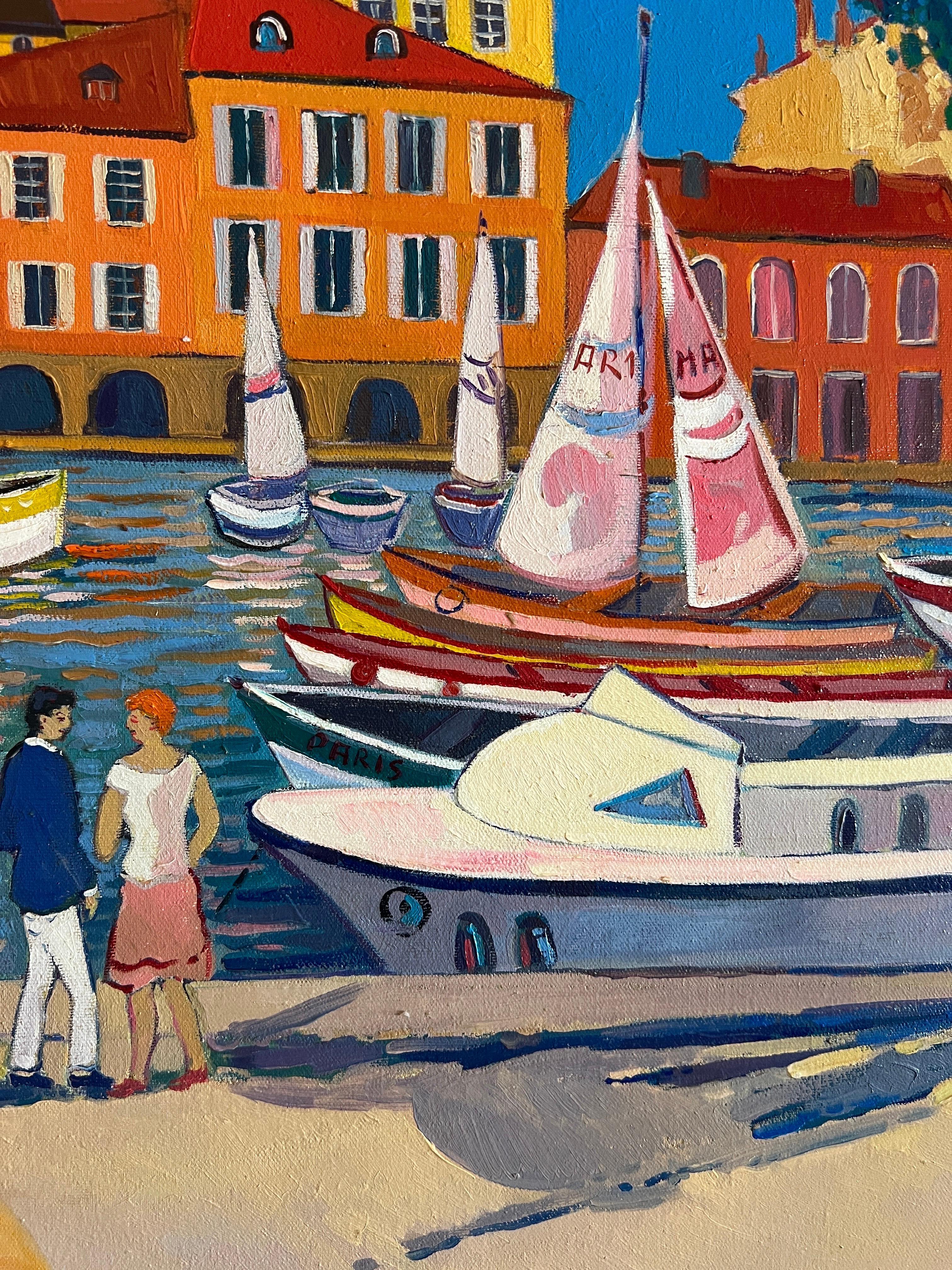 Óleo contemporáneo Puerto de Marsella, arte de Marsella. - Landscape Painting Azul de Areg Elibekian