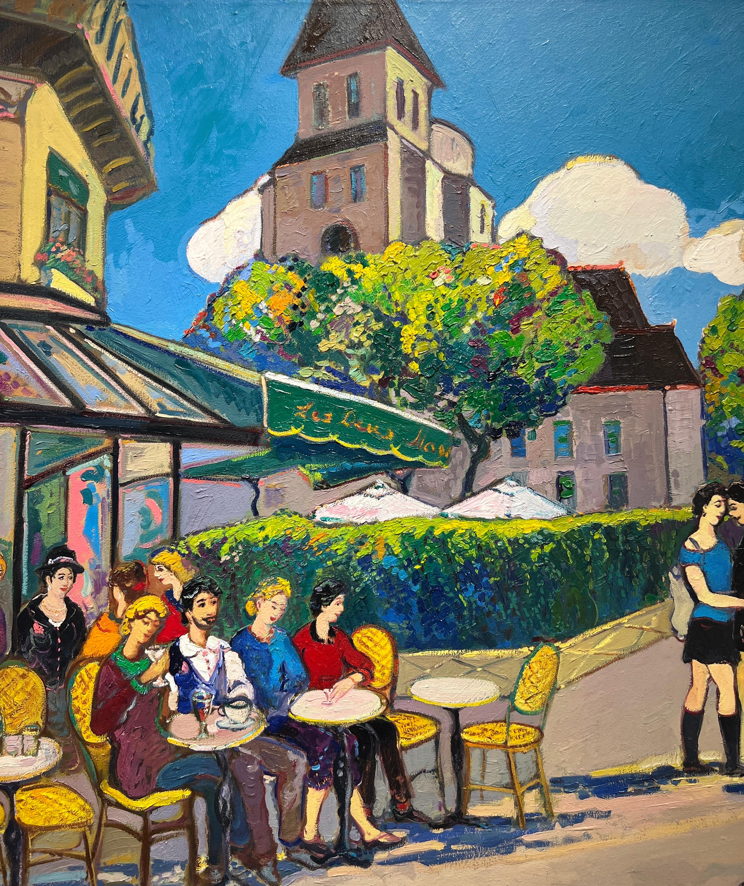 Paisaje contemporáneo de París, Les Deux Magots, París. - Painting de Areg Elibekian