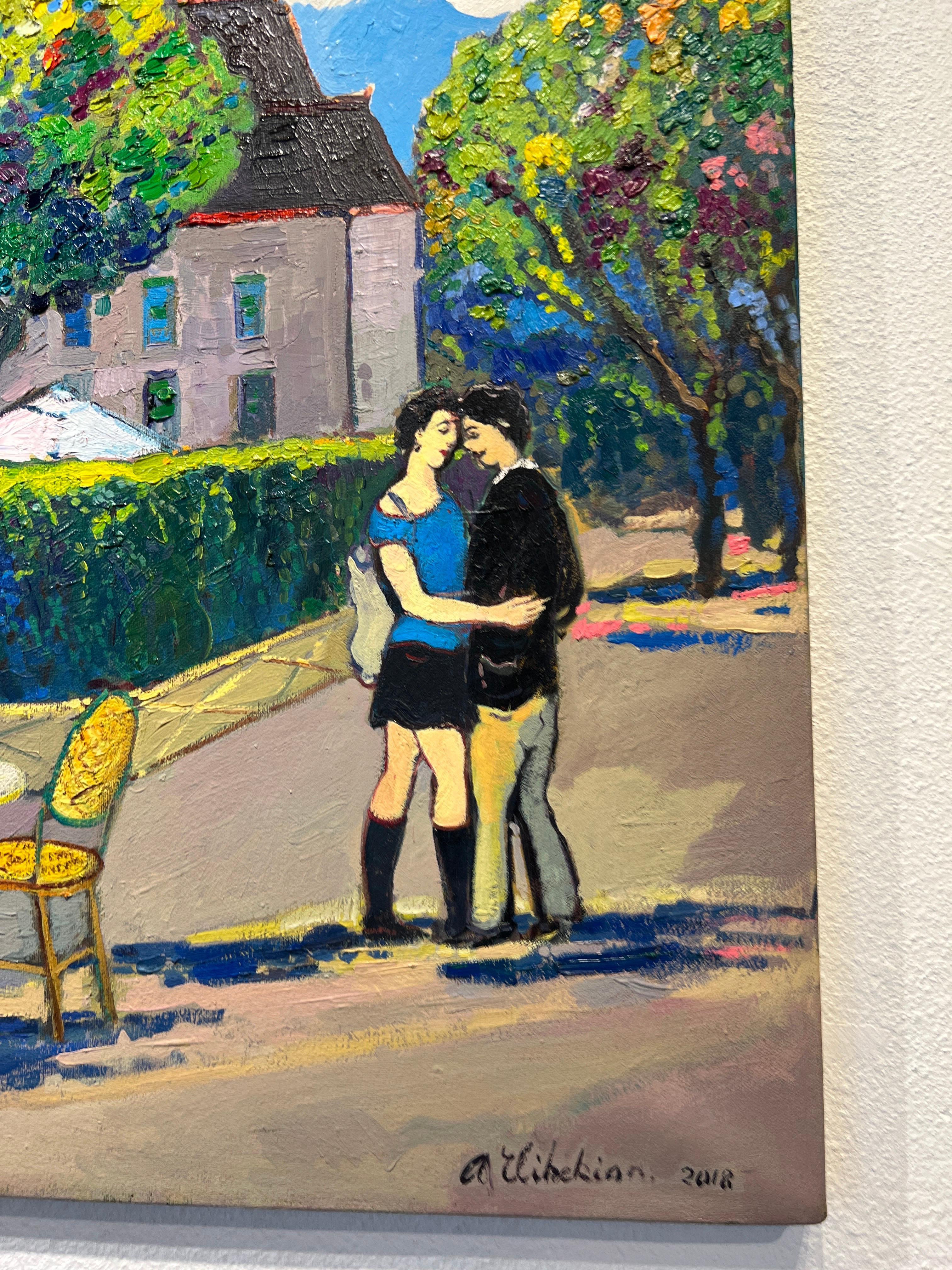 Paisaje contemporáneo de París, Les Deux Magots, París. - Painting Moderno de Areg Elibekian