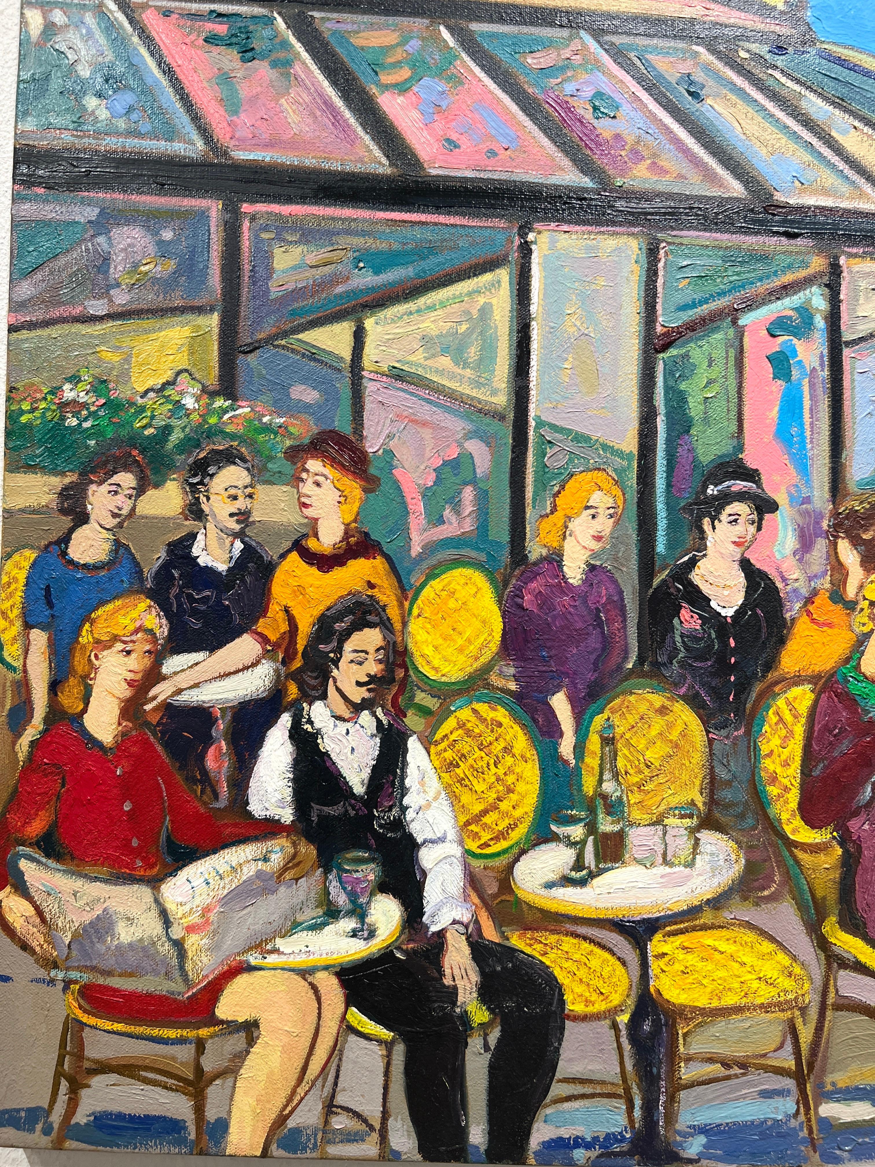 Areg Elibekian is known for his vibrant and unique style, often capturing scenes with vivid colors and expressive brushstrokes. Les Deux Magots in Paris is a famous café known for its historical significance and artistic ambiance, making it a