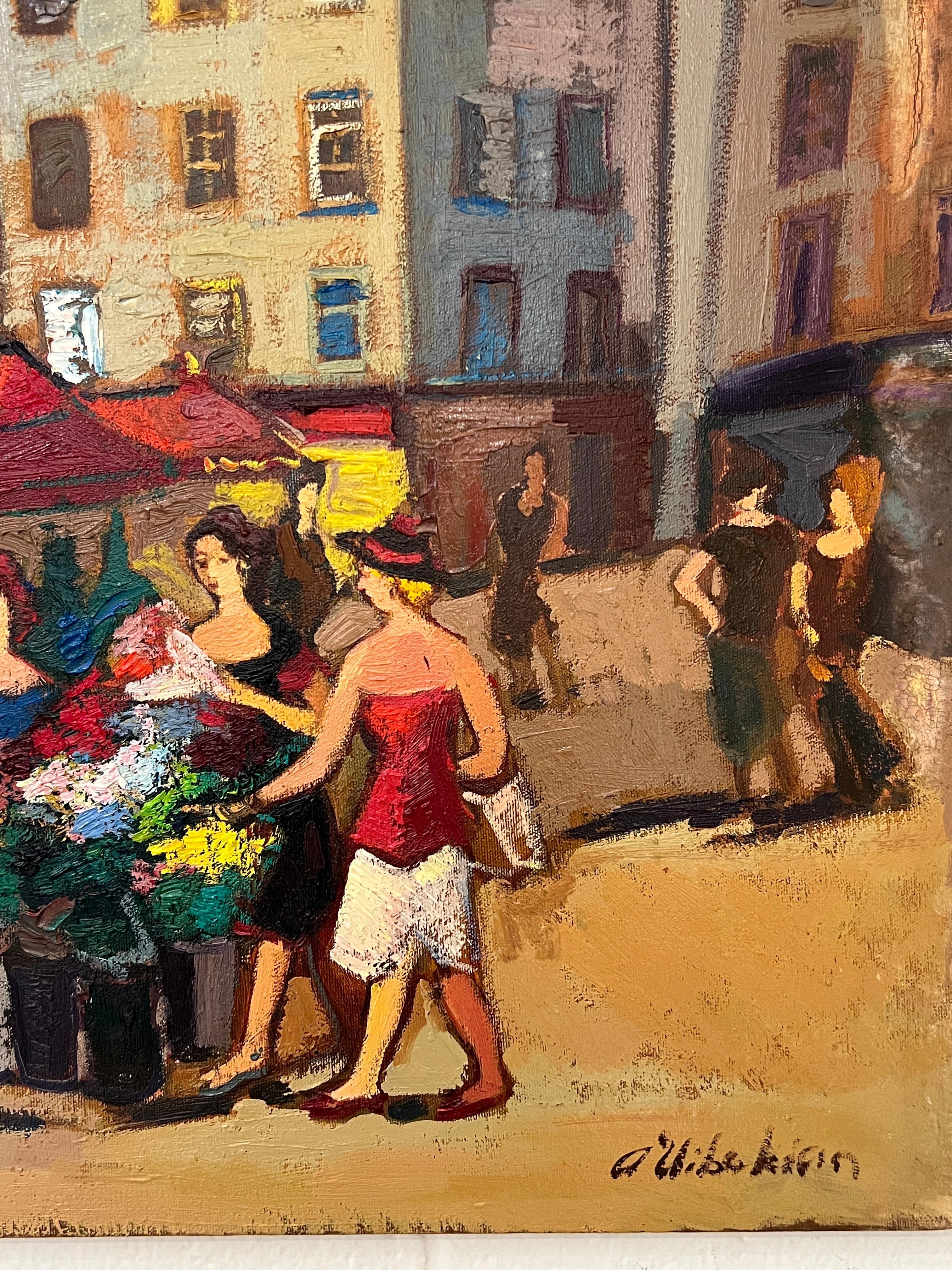 Dieses Werk von Areg Elibekian fängt die Essenz der Pariser Rue de Buci inmitten des geschäftigen Blumenmarktes ein. Die leuchtenden Farben laden den Betrachter ein und zeigen den einzigartigen Pinselstrich des Künstlers, der ihn von anderen