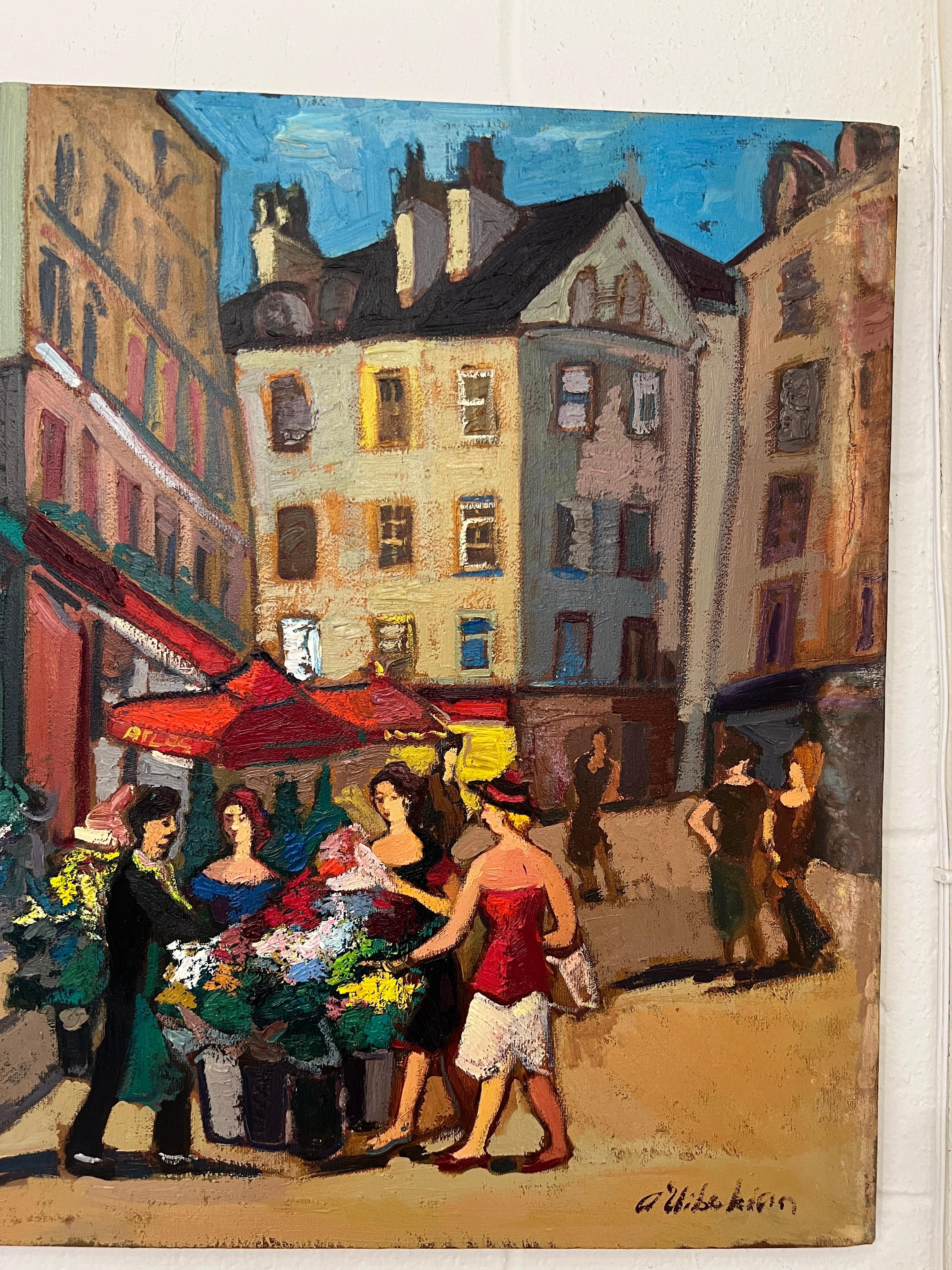 Cette œuvre d'Areg Elibekian capture l'essence de la rue de Buci, à Paris, au milieu de son marché aux fleurs animé. Les couleurs vibrantes lancent une invitation chaleureuse aux spectateurs, mettant en valeur le coup de pinceau unique de l'artiste