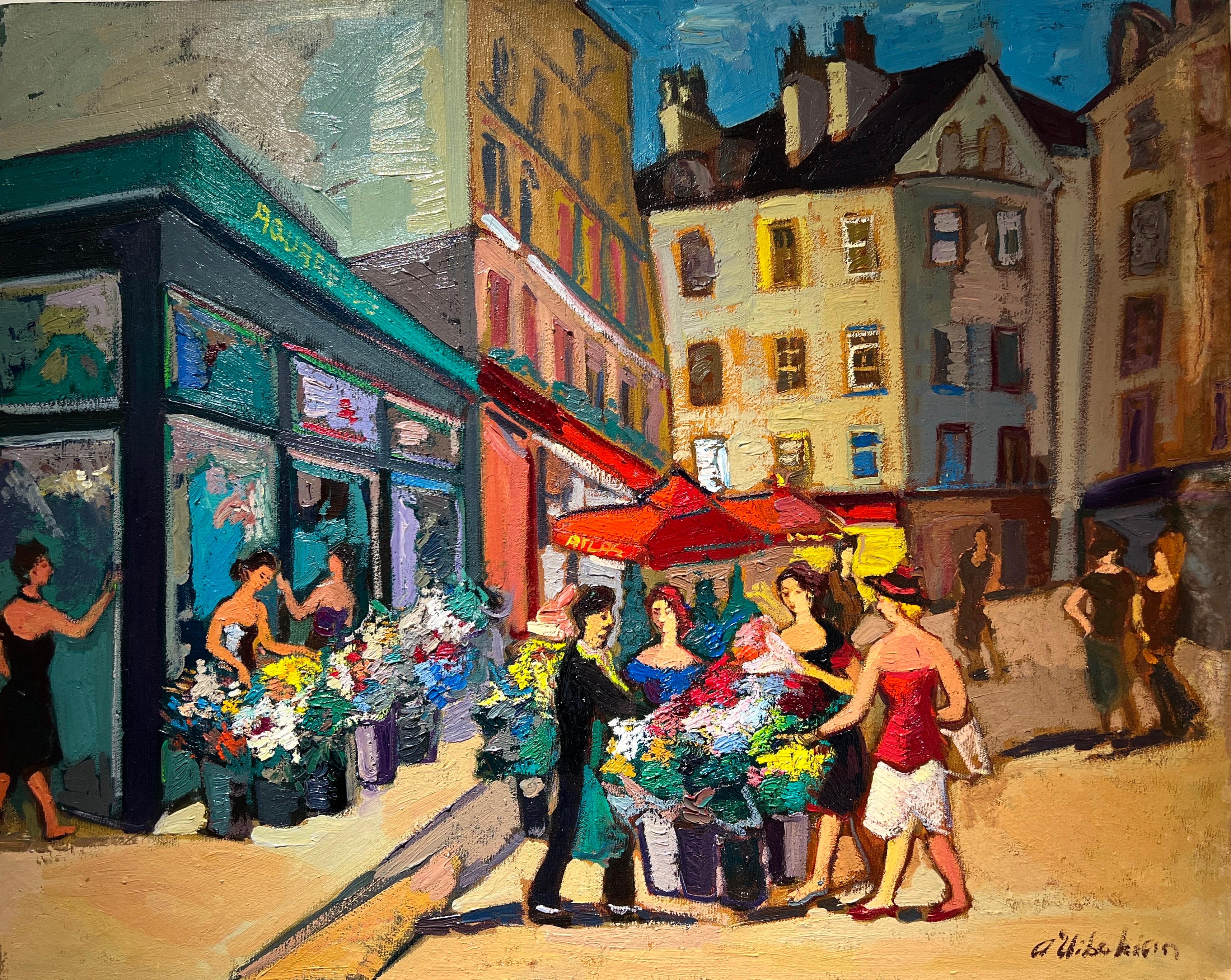 Landscape Painting Areg Elibekian - Vue contemporaine, marché aux fleurs de la rue de Buci, Paris. marché à fleurs de Paris. 