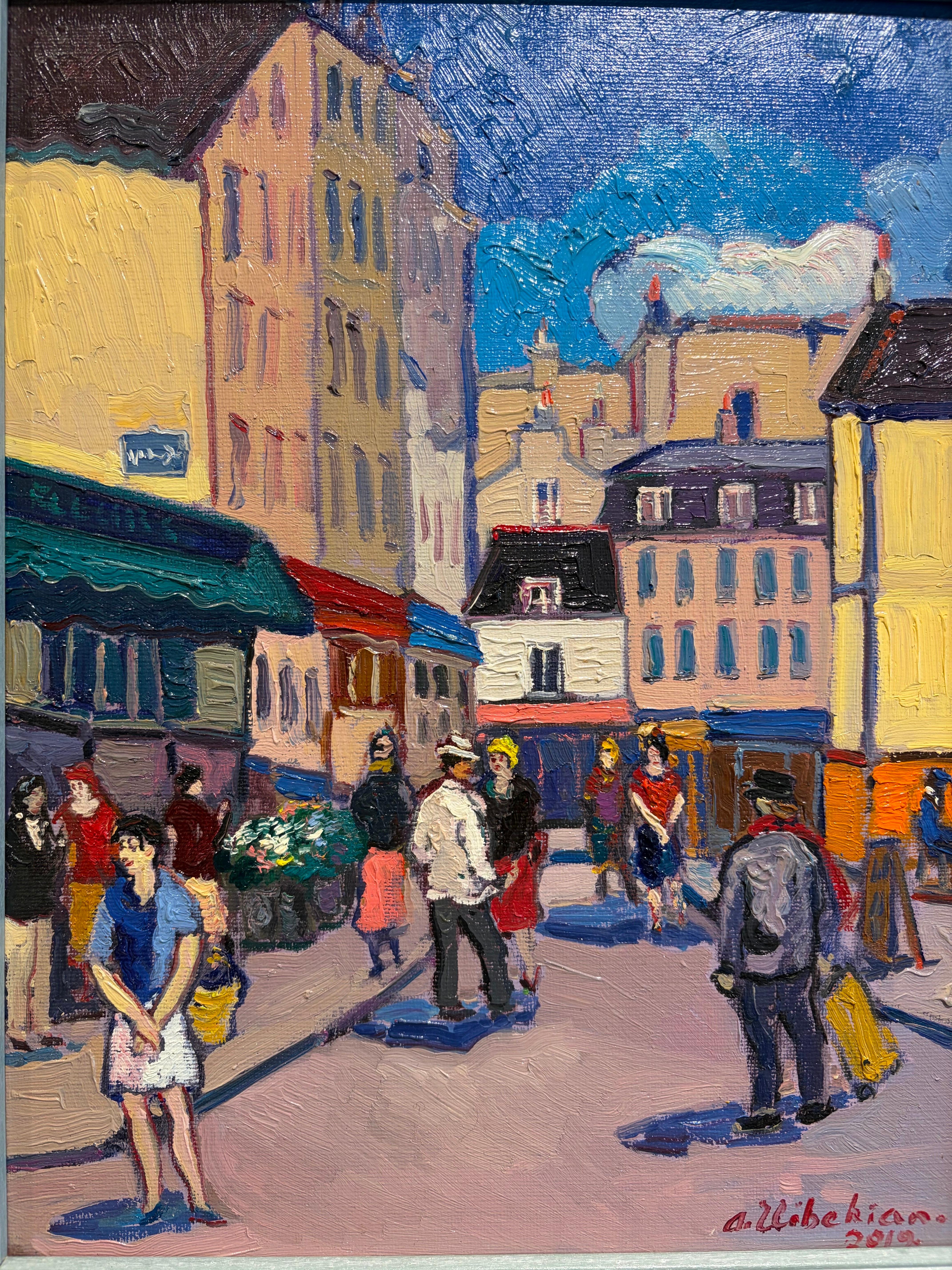 Marché aux fleurs à Paris. - Gris Landscape Painting par Areg Elibekian