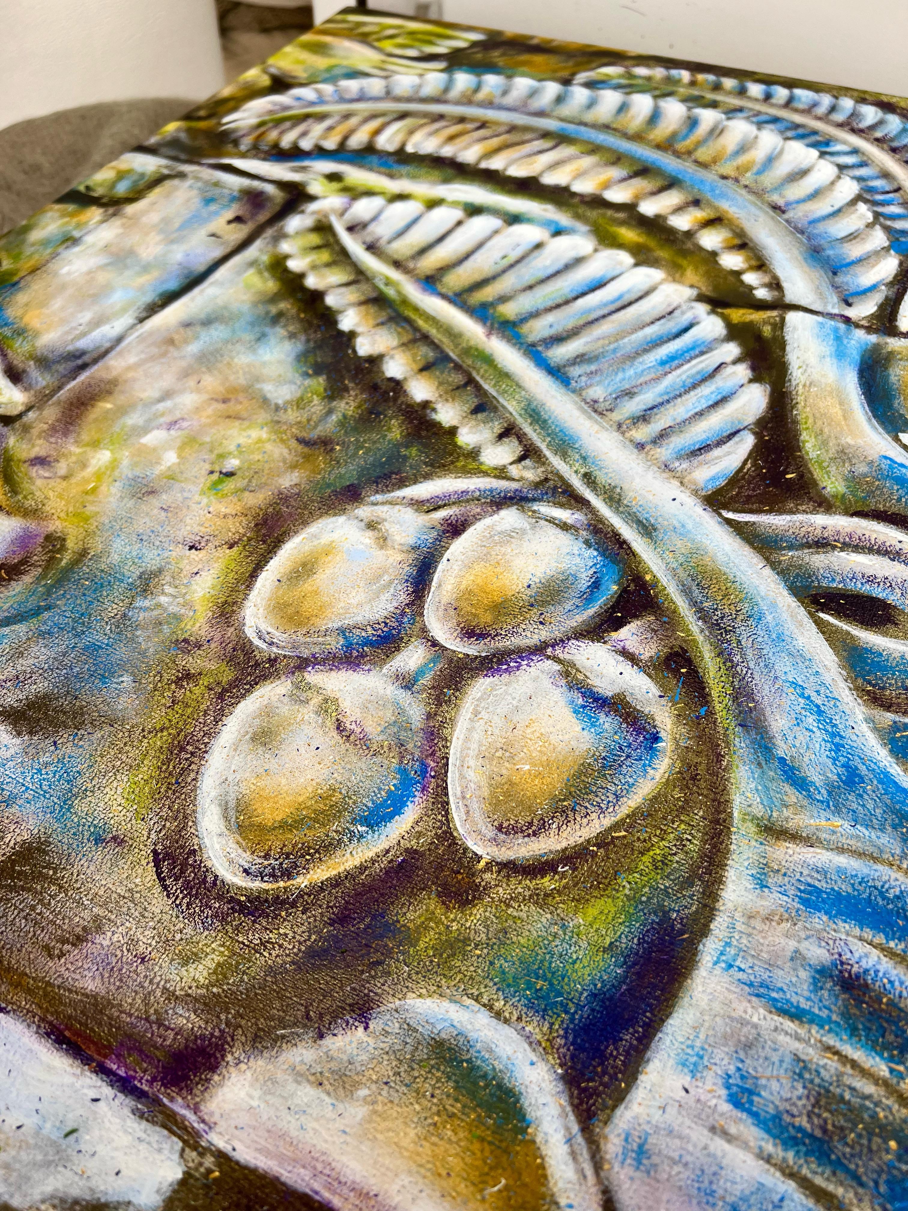 “FLORA OF The BOROBUDUR TEMPLE.” 60X80 CM. ACRYLIC, CANVAS
Series “The Language and Knowledge of Ancient Aesthetics.”
Among the 2,672 bas-reliefs of the 8th-century Borobudur Temple on Java Island, Indonesia, numerous depictions of the region’s