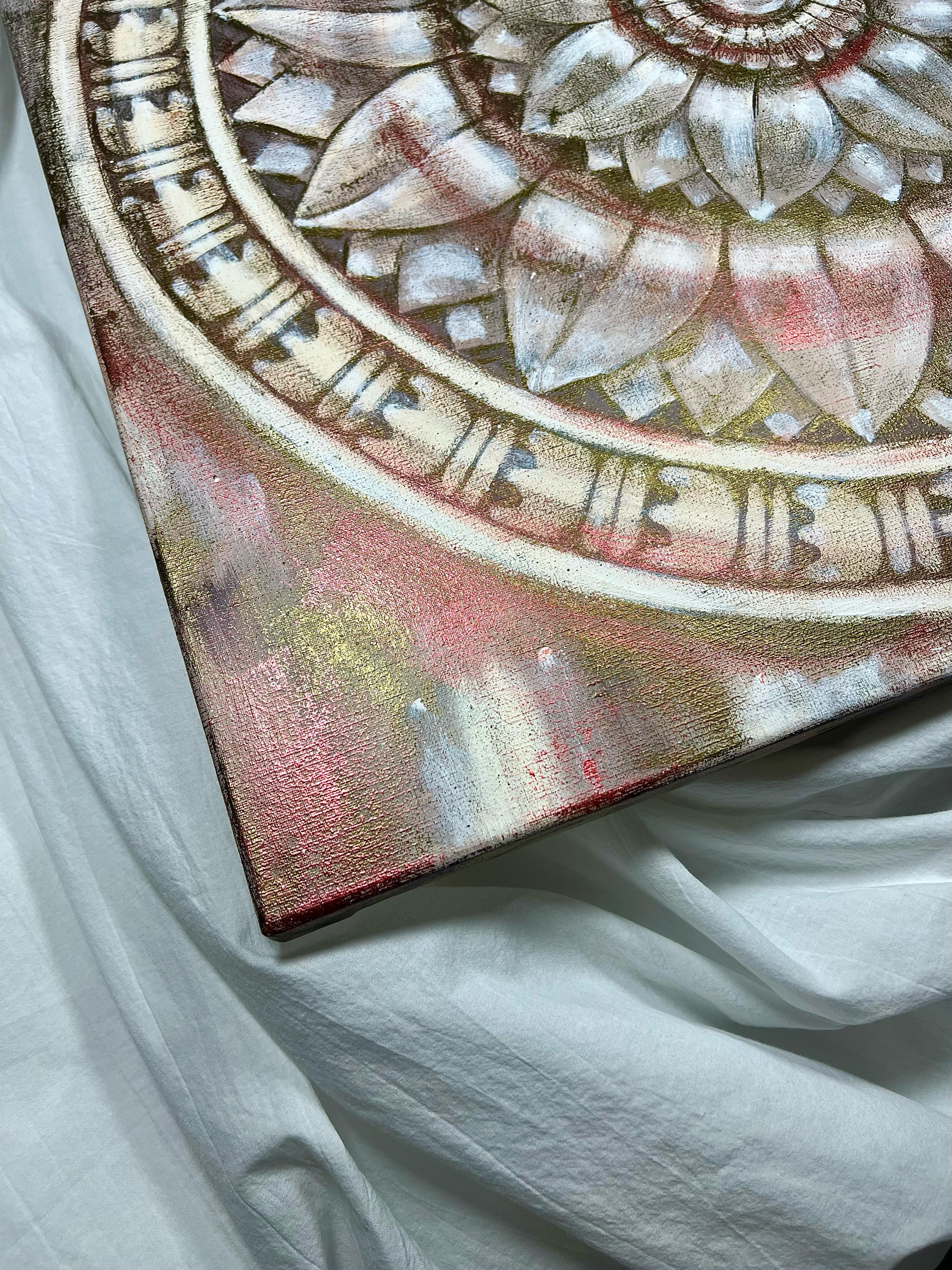 Temple lotus. White and red. - Gray Abstract Painting by AreiRa
