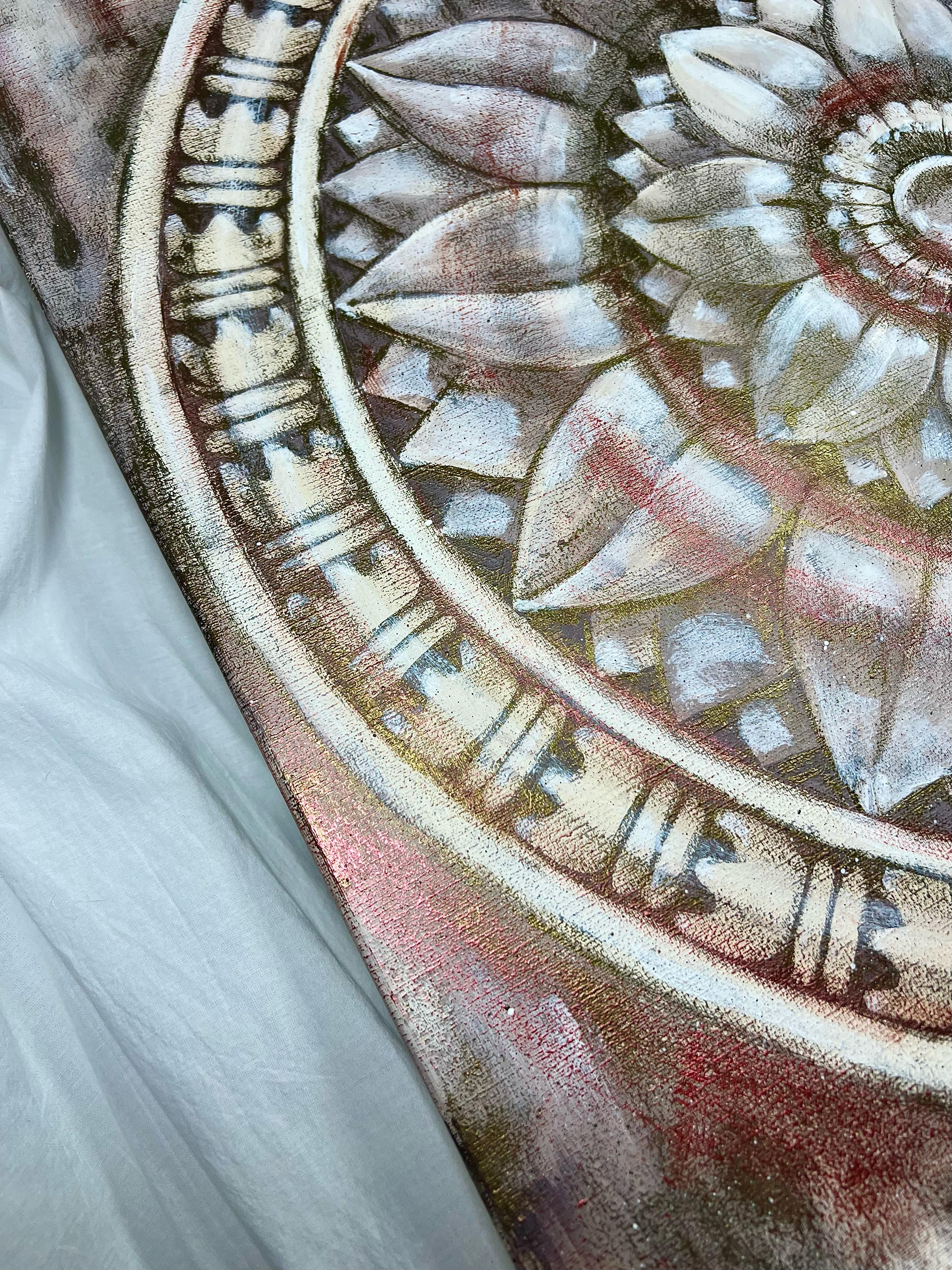 “TEMPLE LOTUS. WHITE AND RED.”
50×50 CM, ACRYLIC ON CANVAS.
Series “The Language and Knowledge of Ancient Aesthetics.”
In Buddhist and Hindu temple art, the lotus is more than just a decorative element. It symbolizes spiritual purity, harmony, and