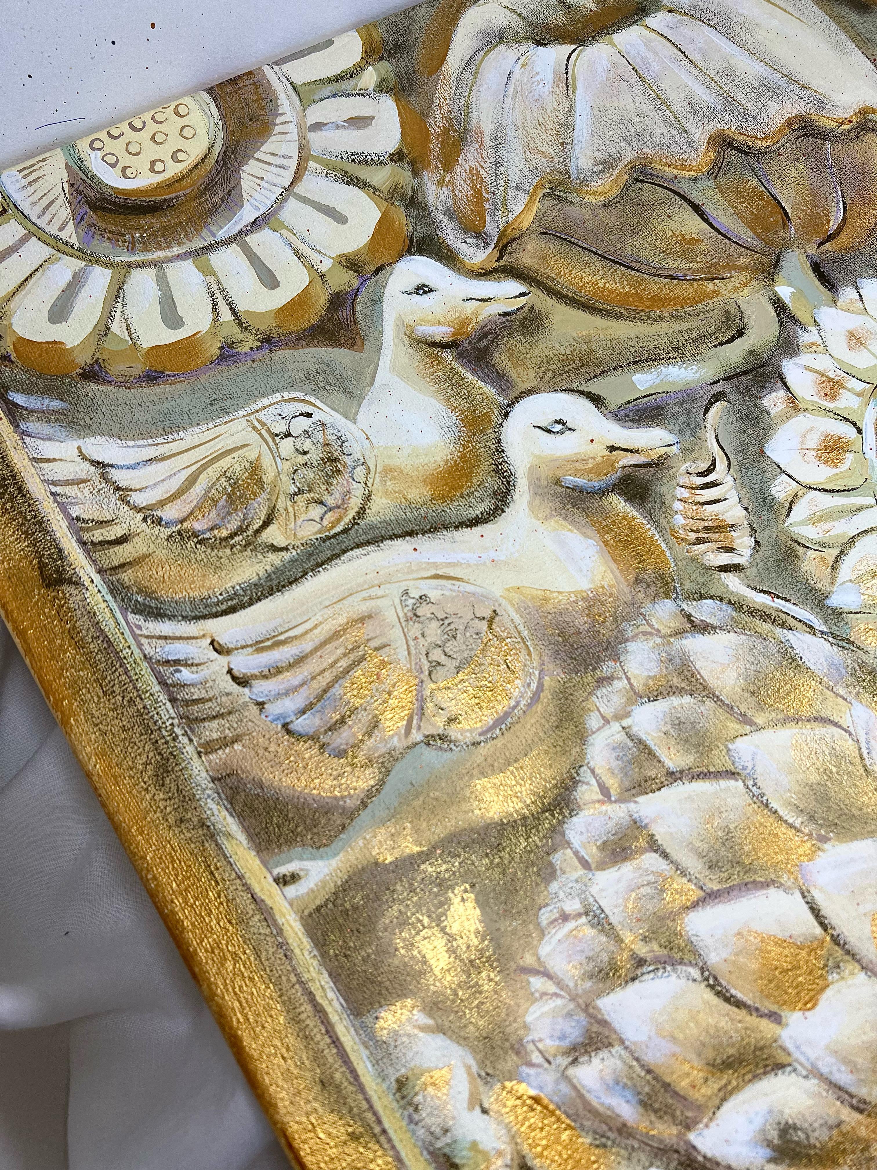 Water hens among the lotuses. For Sale 6