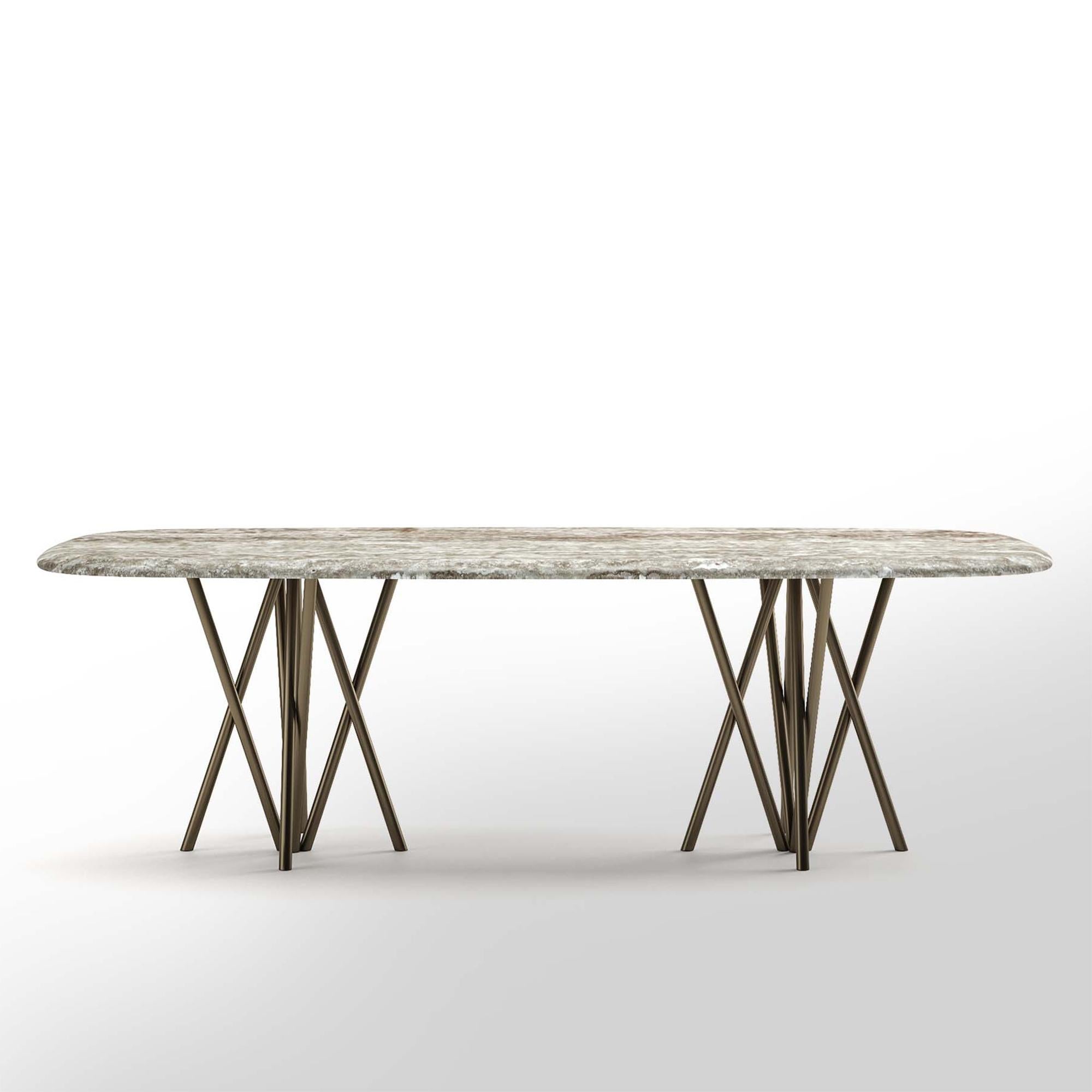 Dining table Arena outdoor with 2 bases in stainless steel 
in bronze finish and with silver travertine polished table top.