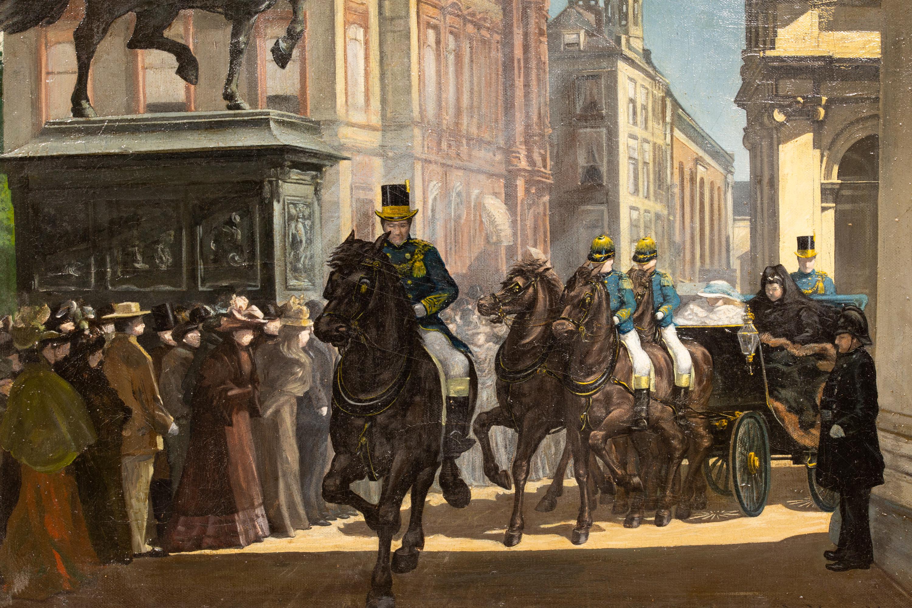 'Queen Emma and Princess Wilhelmina depart by carriage', by Arend A. Marcelis - Realist Painting by Arend Arnoldus Eduard Marcelis 