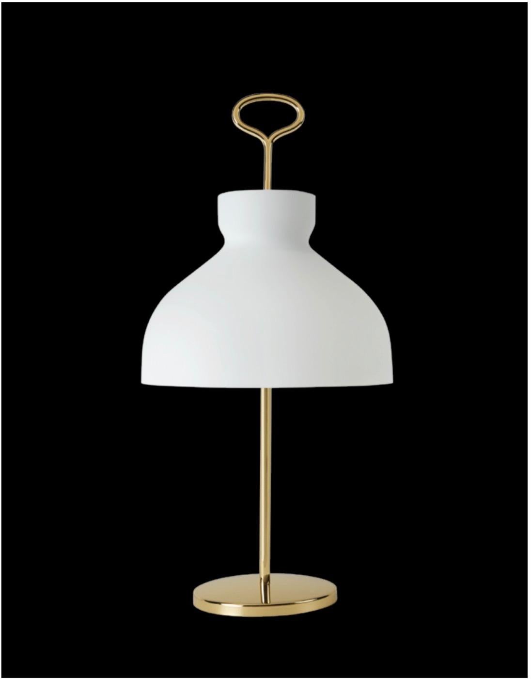 Satin glass shade with a brass stem and handle. Current production by Tato. Designed and manufactured in Italy. Takes 3X LED MAX 5W E14/E12 bulb. Bulbs not provided.