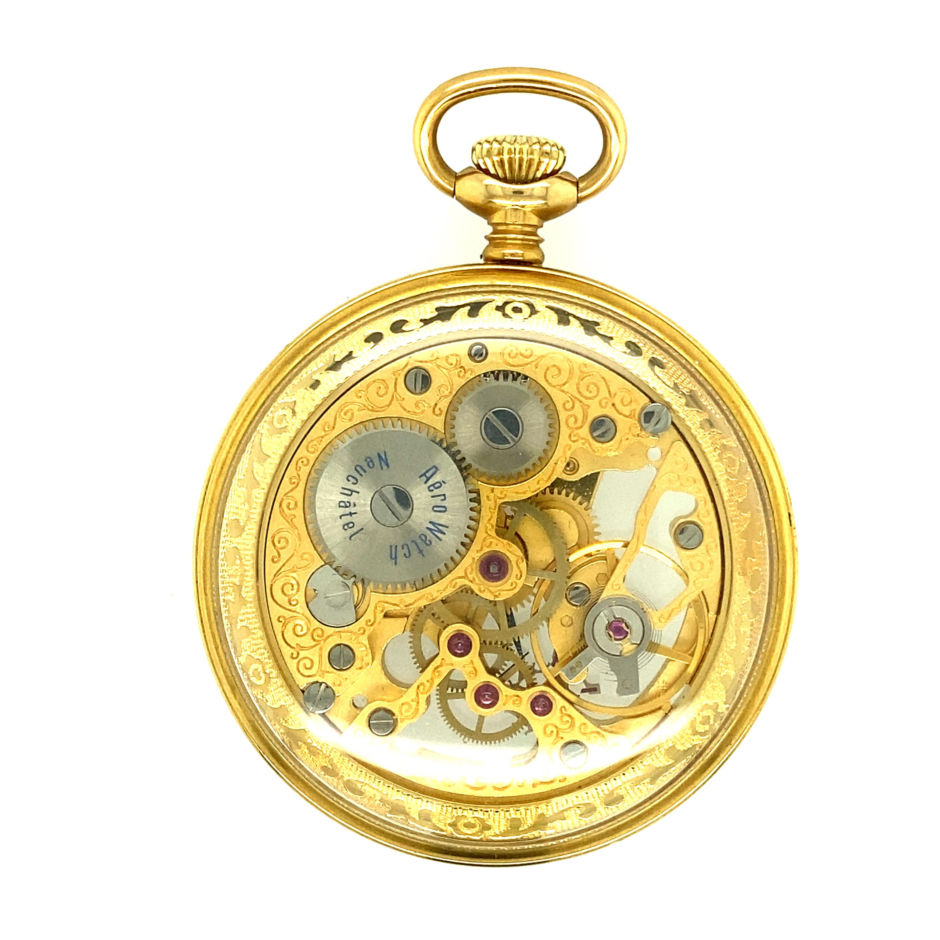 One estate yellow gold filled Areo Neuchatel skeleton pocket watch measuring 2 inches in diameter. Circa 1970s