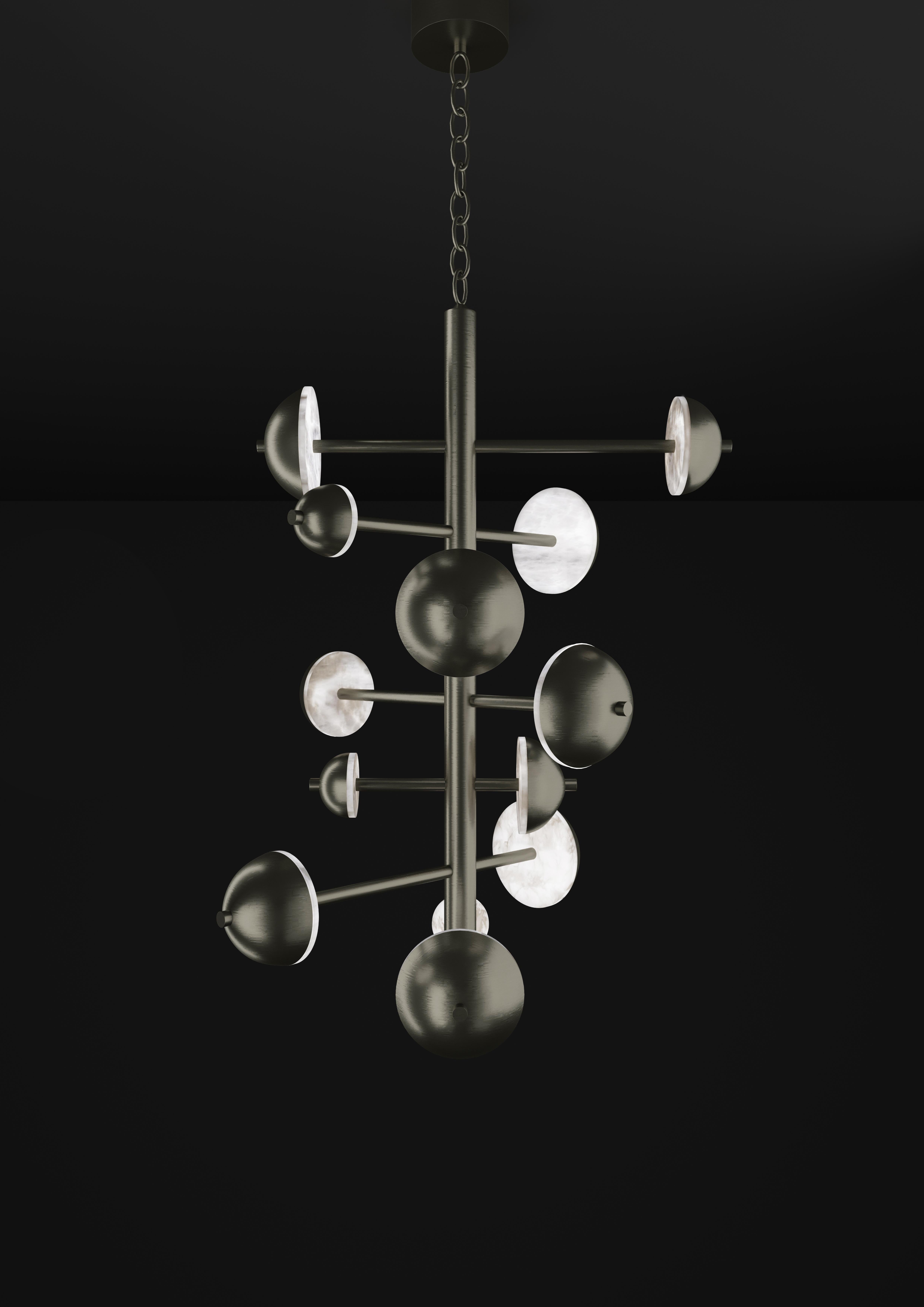 Ares Brushed Black Metal Chandelier by Alabastro Italiano
Dimensions: D 74,5 x W 73 x H 110 cm.
Materials: White alabaster and metal.

Available in different finishes: Shiny Silver, Bronze, Brushed Brass, Ruggine of Florence, Brushed Burnished,