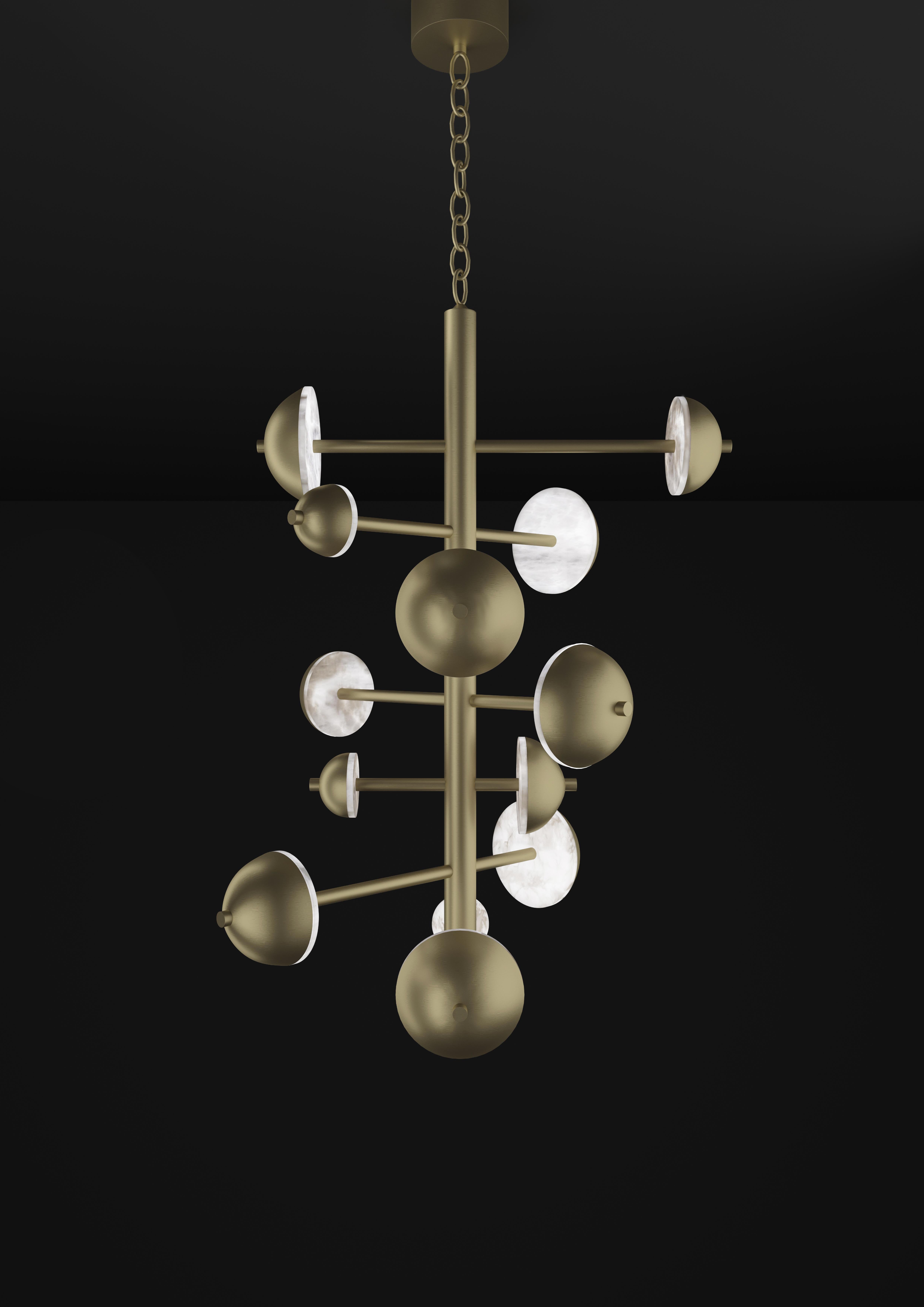 Ares Brushed Brass Chandelier by Alabastro Italiano
Dimensions: D 74,5 x W 73 x H 110 cm.
Materials: White alabaster and brass.

Available in different finishes: Shiny Silver, Bronze, Brushed Brass, Ruggine of Florence, Brushed Burnished, Shiny