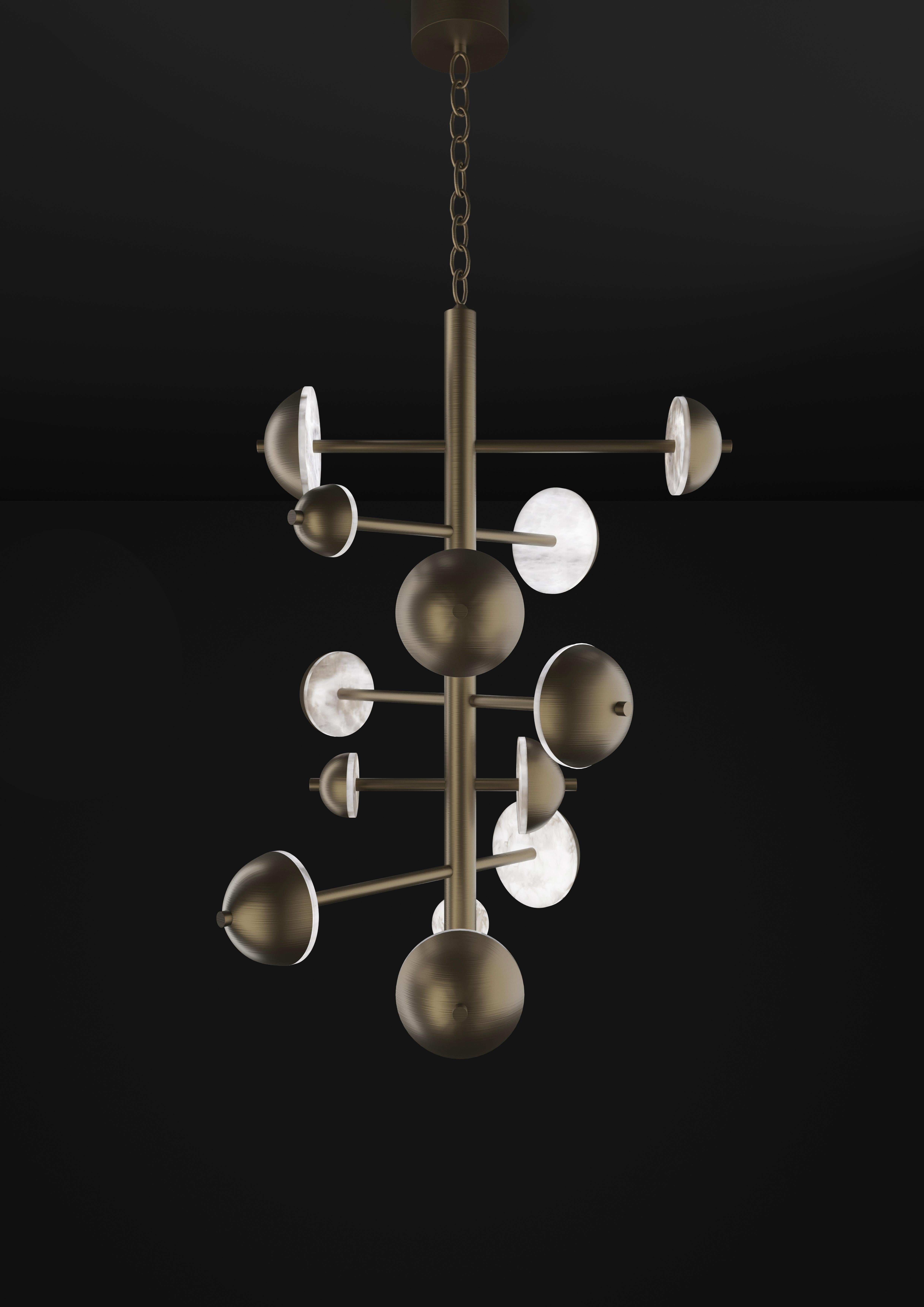 Ares Brushed Burnished Metal Chandelier by Alabastro Italiano
Dimensions: D 74,5 x W 73 x H 110 cm.
Materials: White alabaster and metal.

Available in different finishes: Shiny Silver, Bronze, Brushed Brass, Ruggine of Florence, Brushed Burnished,