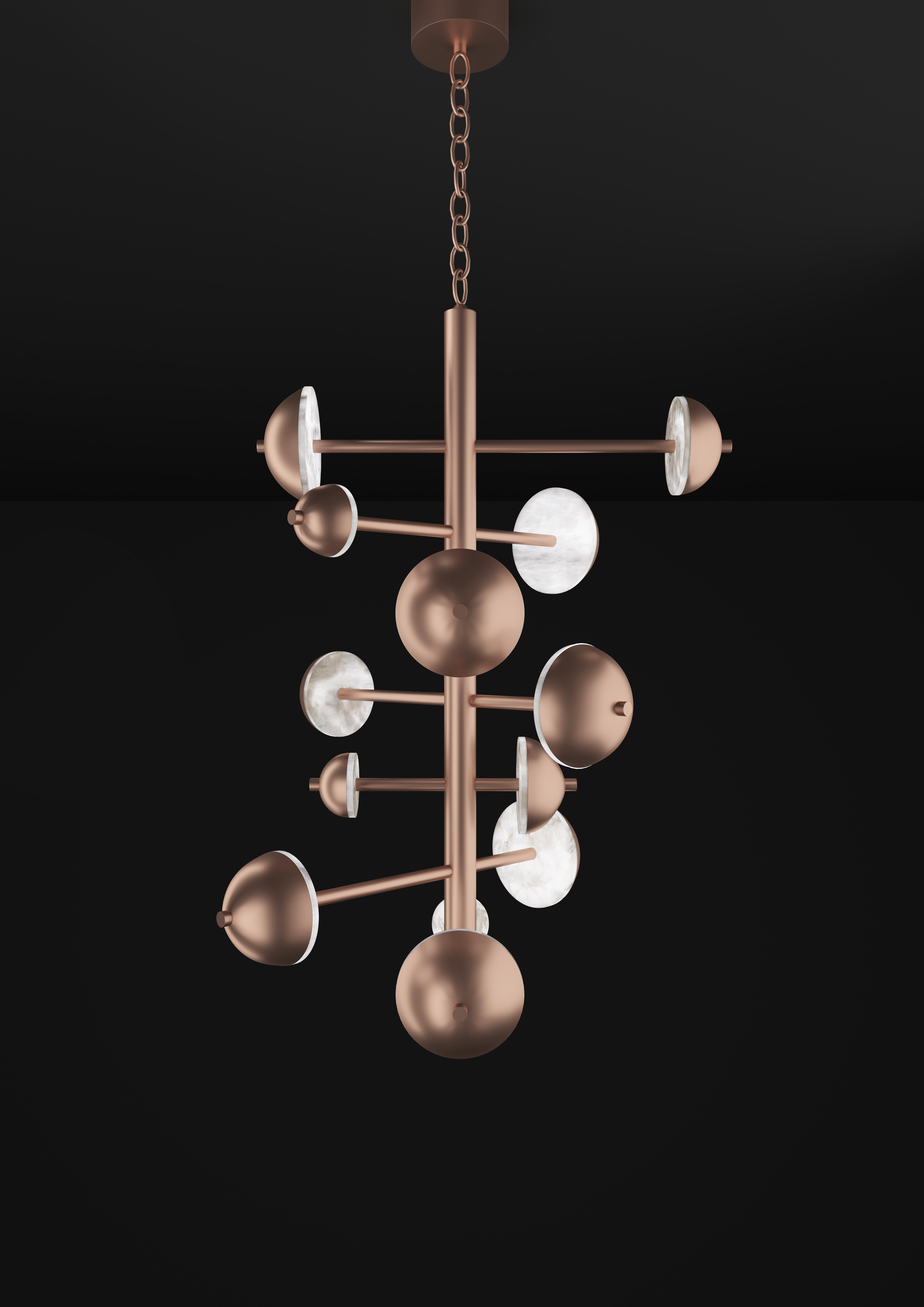 Ares Copper Chandelier by Alabastro Italiano
Dimensions: D 74,5 x W 73 x H 110 cm.
Materials: White alabaster and copper.

Available in different finishes: Shiny Silver, Bronze, Brushed Brass, Ruggine of Florence, Brushed Burnished, Shiny Gold,