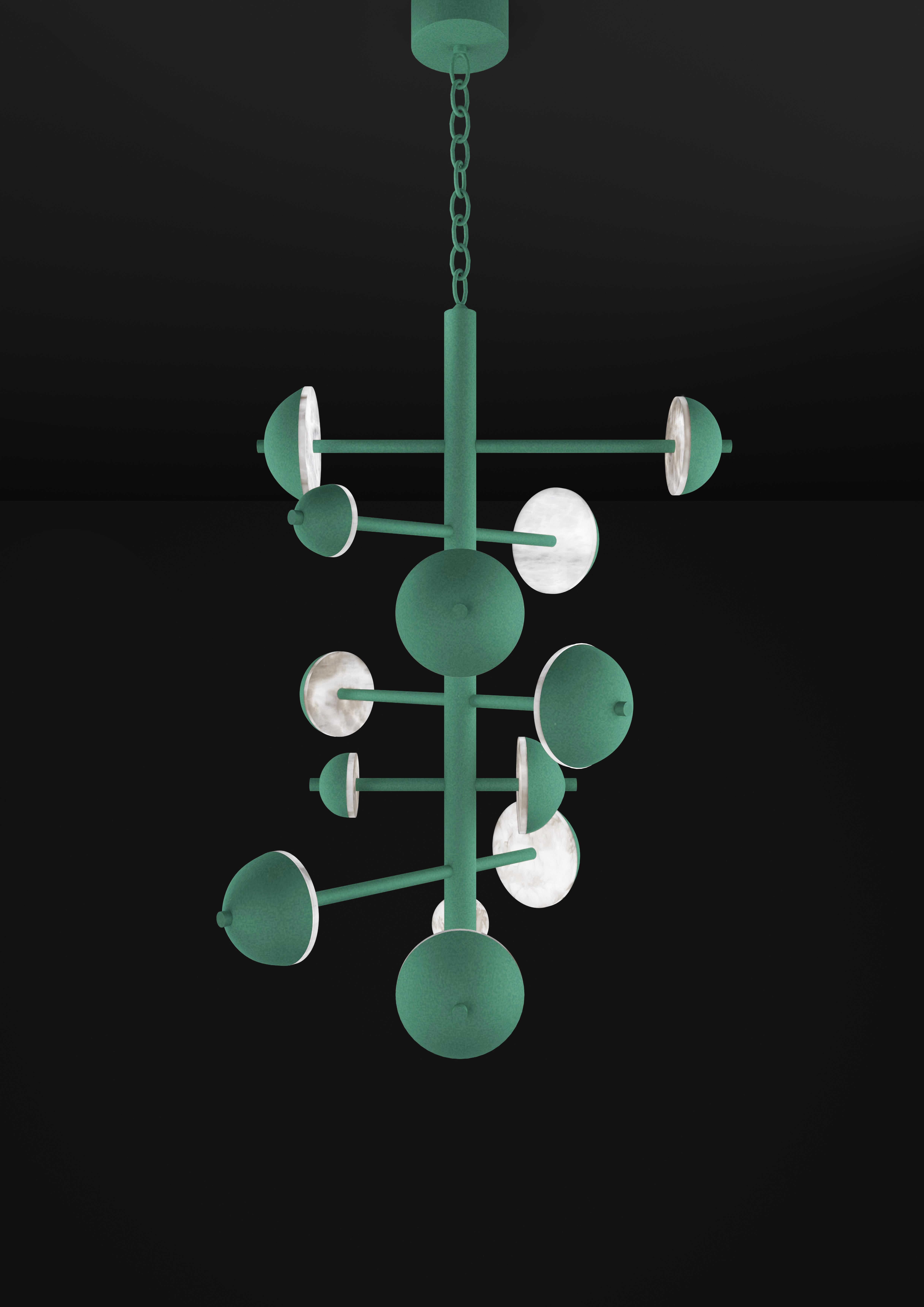 Ares Freedom Green Metal Chandelier by Alabastro Italiano
Dimensions: D 74,5 x W 73 x H 110 cm.
Materials: White alabaster and metal.

Available in different finishes: Shiny Silver, Bronze, Brushed Brass, Ruggine of Florence, Brushed Burnished,