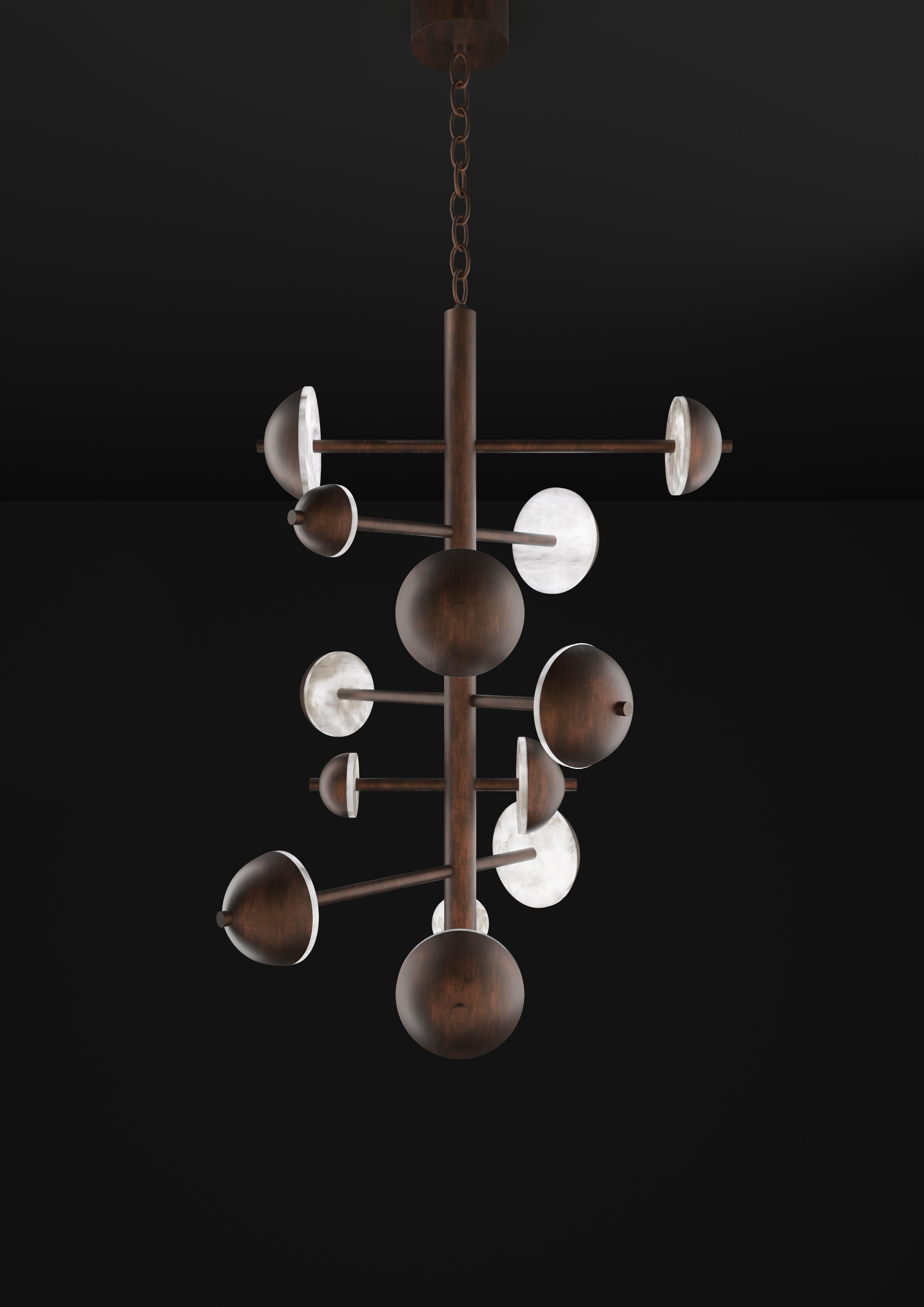 Ares Ruggine Of Florence Metal Chandelier by Alabastro Italiano
Dimensions: D 74,5 x W 73 x H 110 cm.
Materials: White alabaster and metal.

Available in different finishes: Shiny Silver, Bronze, Brushed Brass, Ruggine of Florence, Brushed