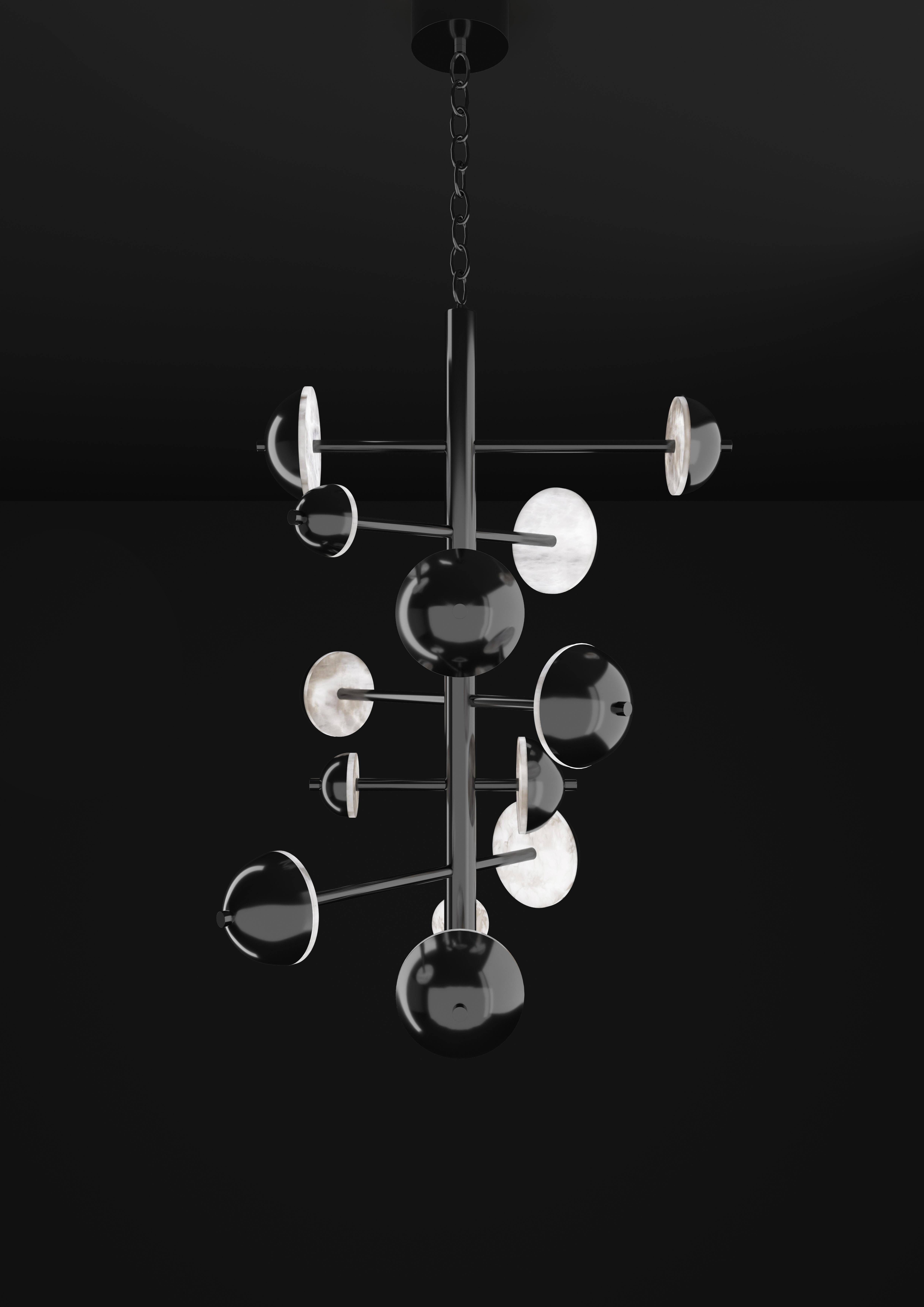 Ares Shiny Black Metal Chandelier by Alabastro Italiano
Dimensions: D 74,5 x W 73 x H 110 cm.
Materials: White alabaster and metal.

Available in different finishes: Shiny Silver, Bronze, Brushed Brass, Ruggine of Florence, Brushed Burnished, Shiny