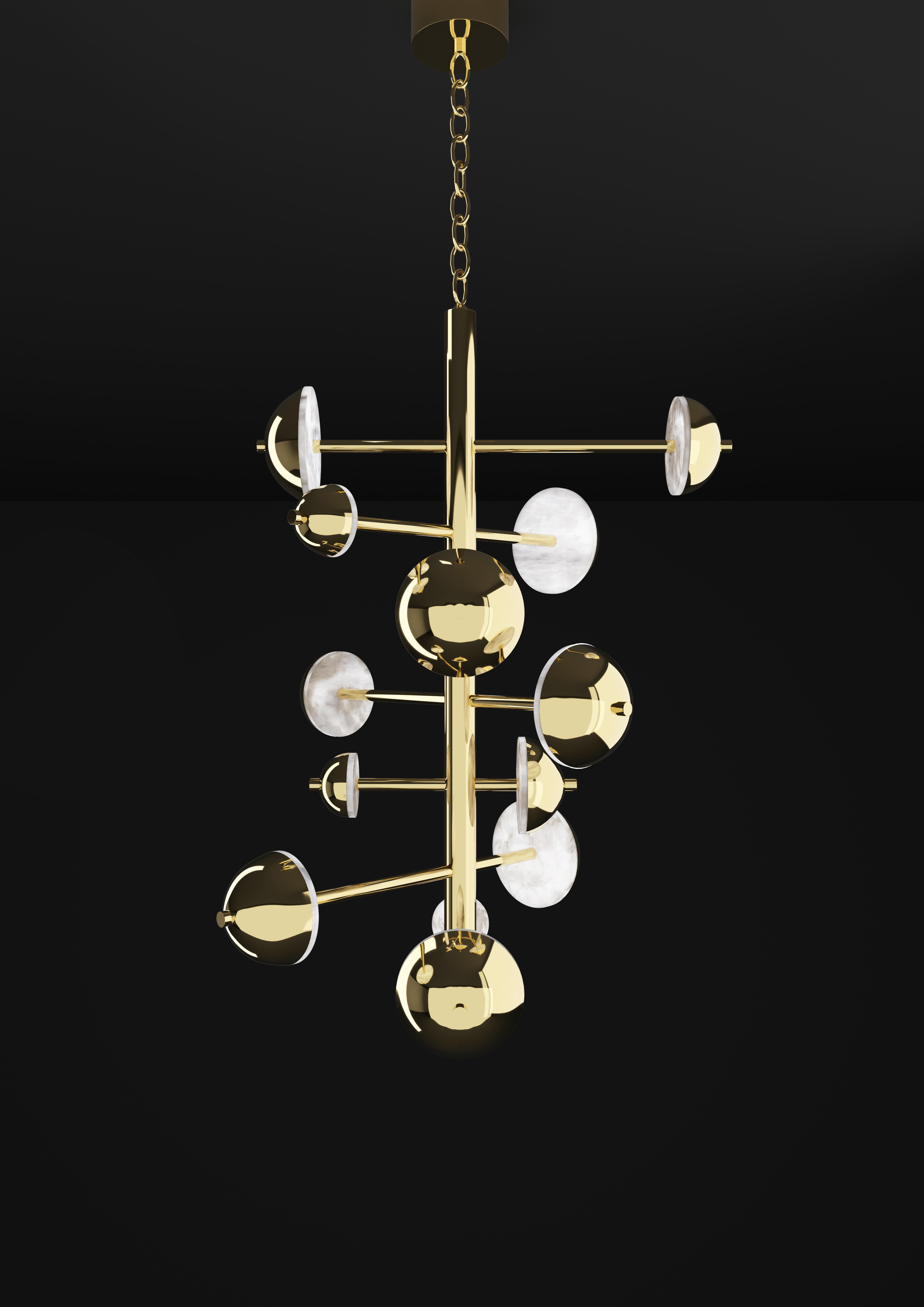 Ares Shiny Gold Metal Chandelier by Alabastro Italiano
Dimensions: D 74,5 x W 73 x H 110 cm.
Materials: White alabaster and metal.

Available in different finishes: Shiny Silver, Bronze, Brushed Brass, Ruggine of Florence, Brushed Burnished, Shiny