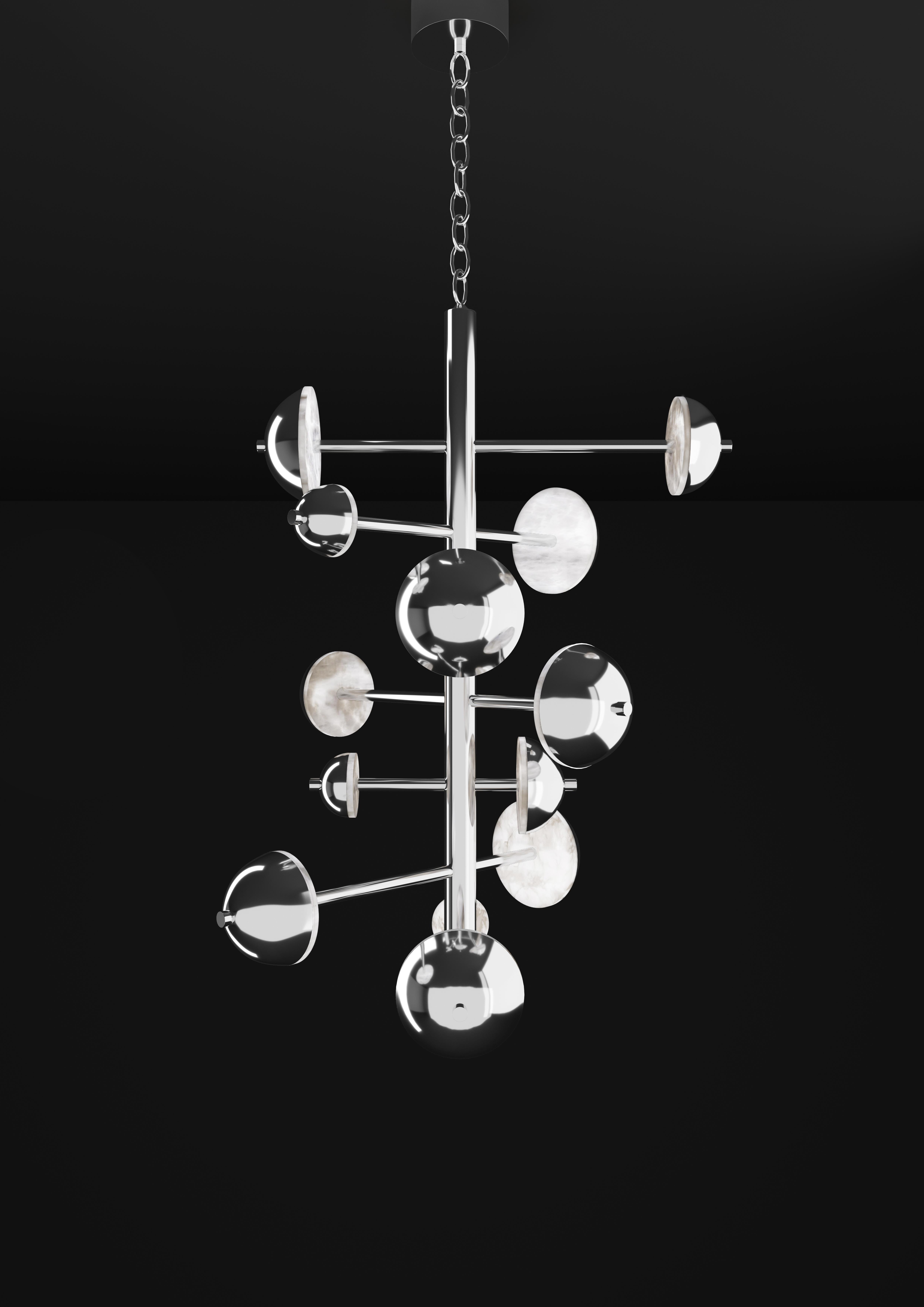 Ares Shiny Silver Metal Chandelier by Alabastro Italiano
Dimensions: D 74,5 x W 73 x H 110 cm.
Materials: White alabaster and metal.

Available in different finishes: Shiny Silver, Bronze, Brushed Brass, Ruggine of Florence, Brushed Burnished, Shiny