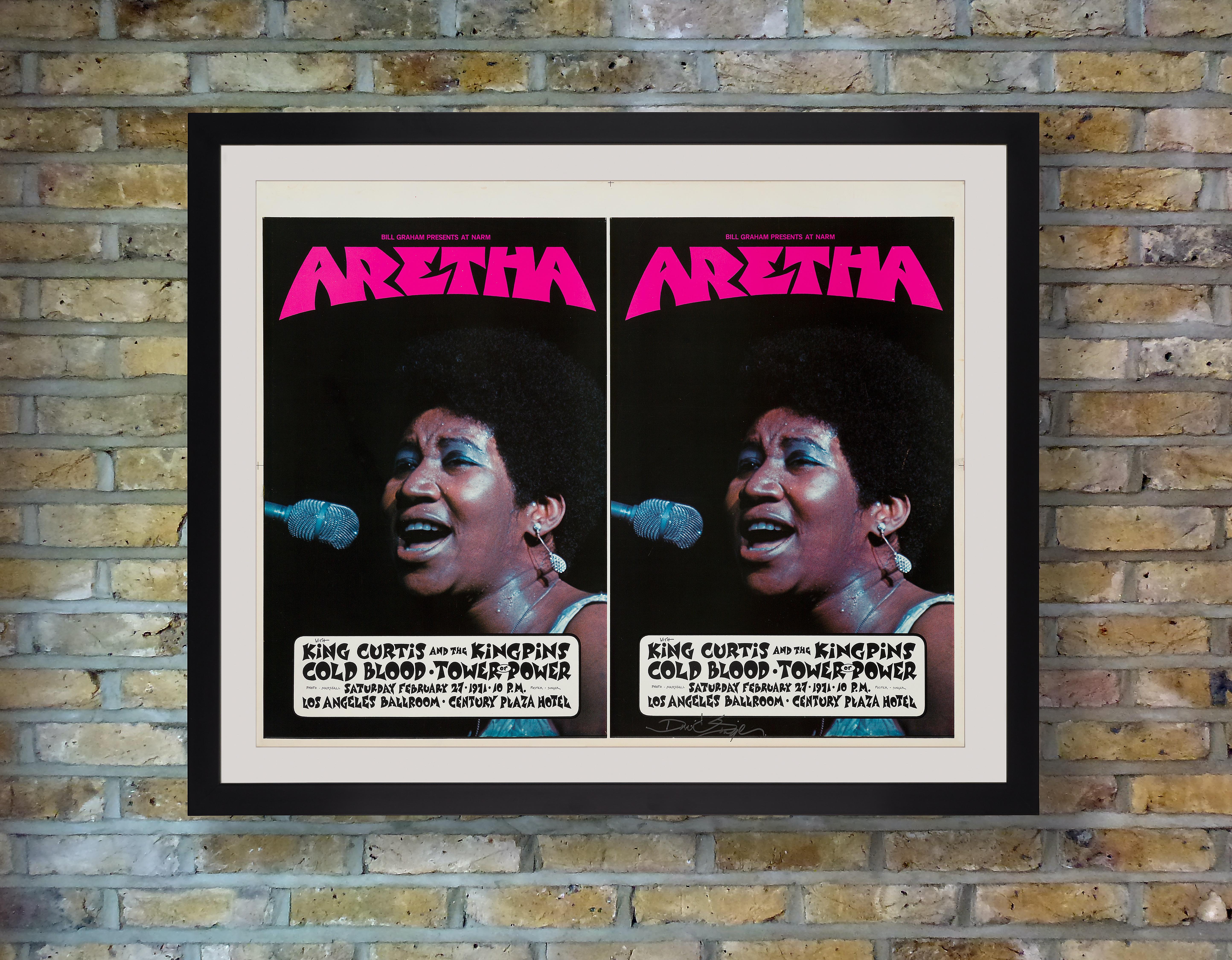 A rare uncut printer's proof for a concert poster by David Singer and photographer Jim Marshall for a one-night-only performance by the legendary Aretha Franklin with King Curtis and the Kingpins, Cold Blood and Tower of Power at the Los Angeles