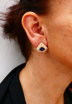Areza Vintage French Earrings 18k Gold Sapphire Diamond Estate Jewelry