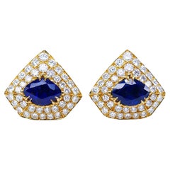 Areza Vintage French Earrings 18k Gold Sapphire Diamond Estate Jewelry