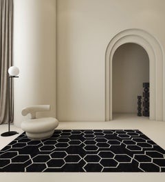 Arfa Modern 5x8 Ft Rug Geometric Ebony Wool Handmade Dhurrie Carpet