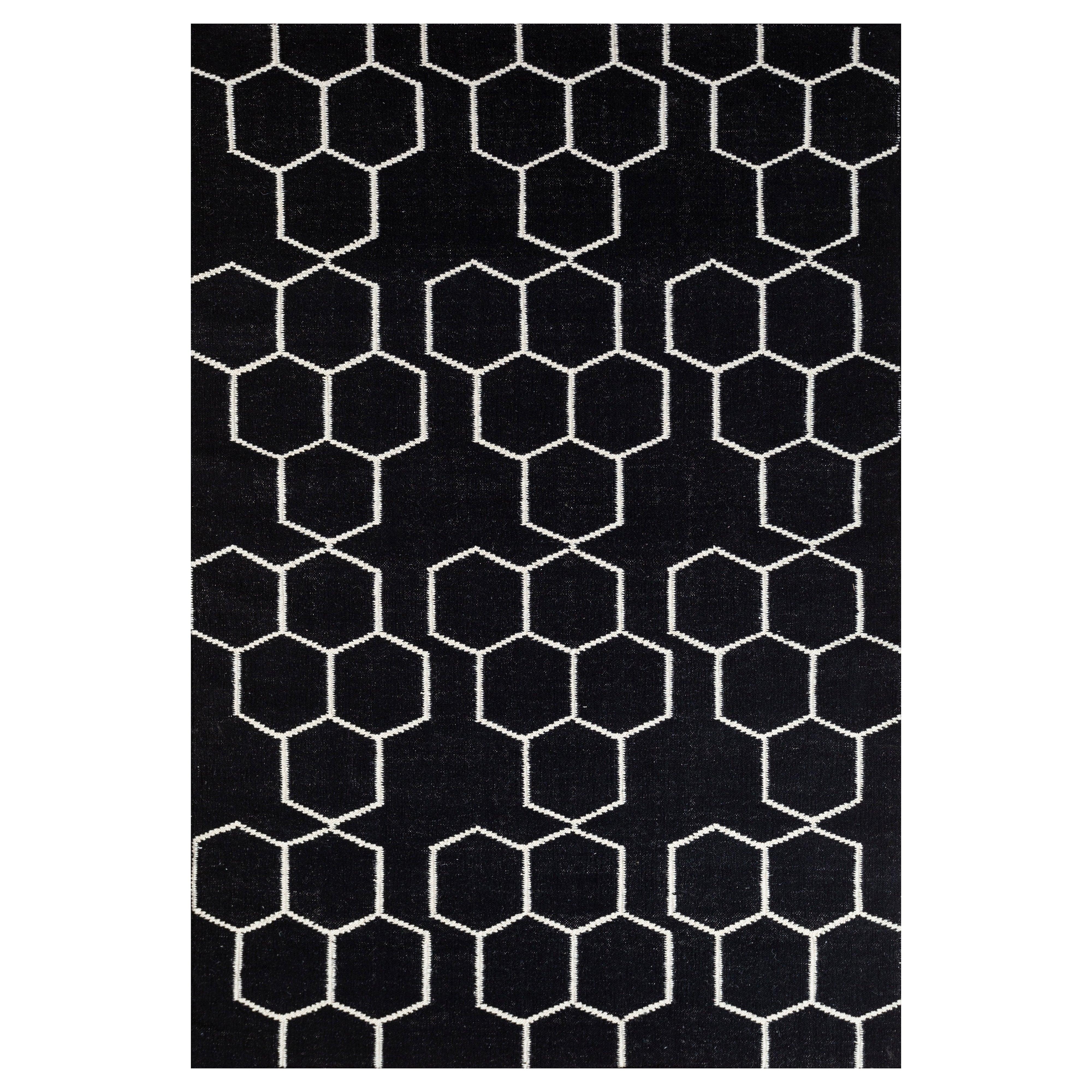 Arfa Modern 5x8 Ft Teppich Geometrisch Ebenholz Wolle Handgefertigt Dhurrie Teppich im Angebot