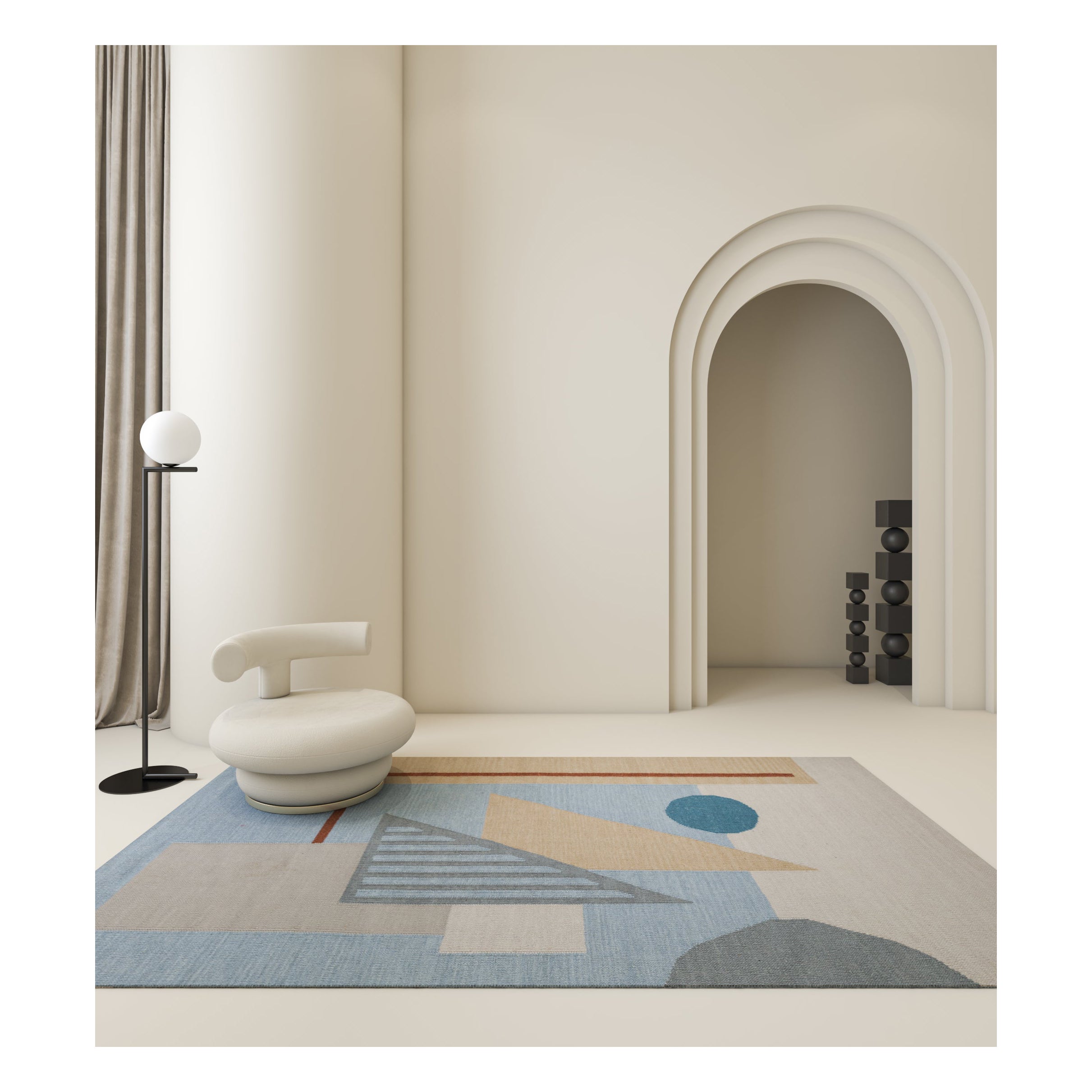 Arfa_Mm Modern 5x8 Ft Rug Geometric Silver Lake Blue Handmade Dhurrie Carpet For Sale
